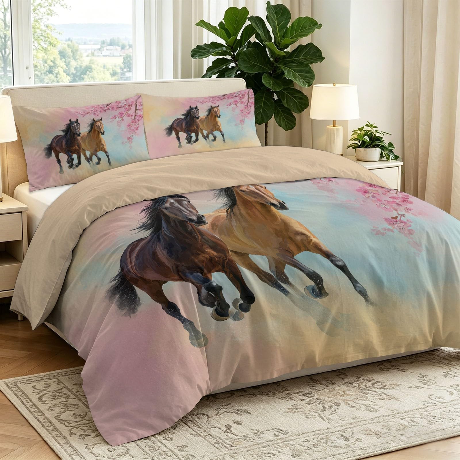 Miękki, lekki zestaw pościeli z mikrofibry, nowoczesna sztuka, wielokolorowy, marzycielski gradient, zwierzę koń, poszewka na kołdrę, 230 x 220 cm, na wszystkie pory roku, nie wymaga prasowania, z 2