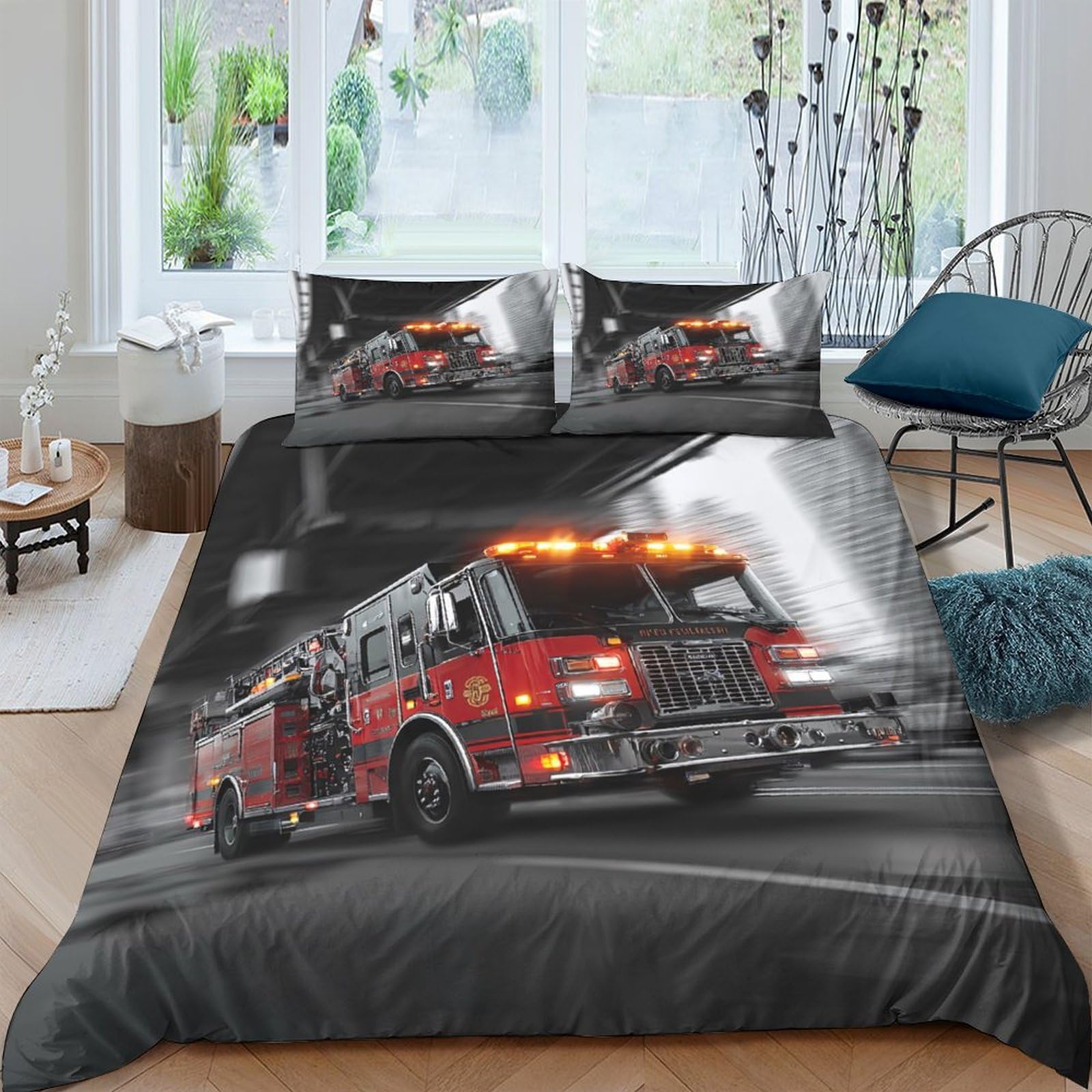 TUFRTGYHN 3D Printed Fire Truck Duvet Cover Microfiber Soft Breathable City Night Bedding Set with 2 Pillowcases for Bedroom Decor Single（135x200cm）