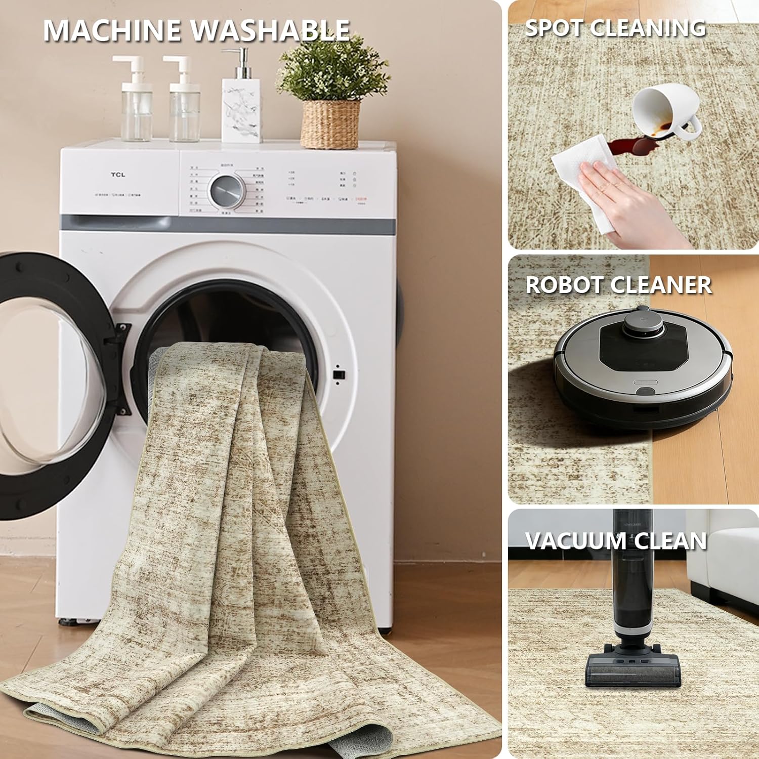 3x5 Machine Washable Area Rug, Beige Vintage Distressed Boho Rug, Foldable Low Pile Non-Slip Stain Resistant Carpet for Bedroom Entryway Kitchen