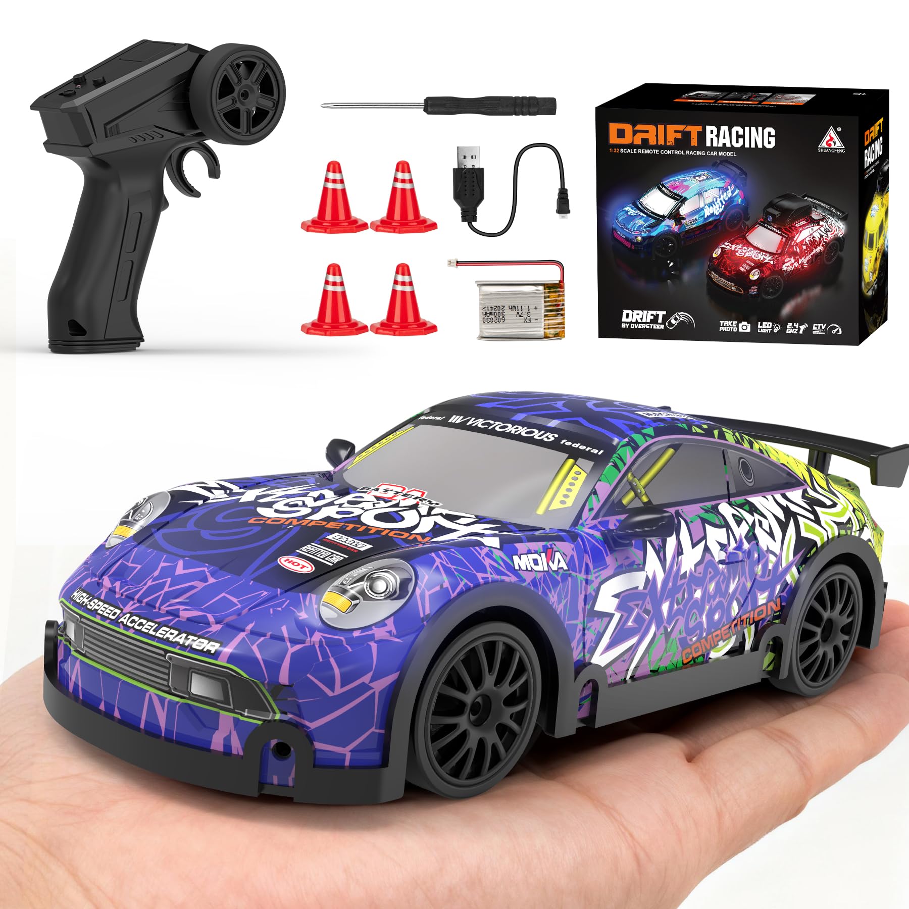 Mini RC Drift Car 1 32 Scale with LED Lights Remote Control Car with LED Lights 2-Speed Modes