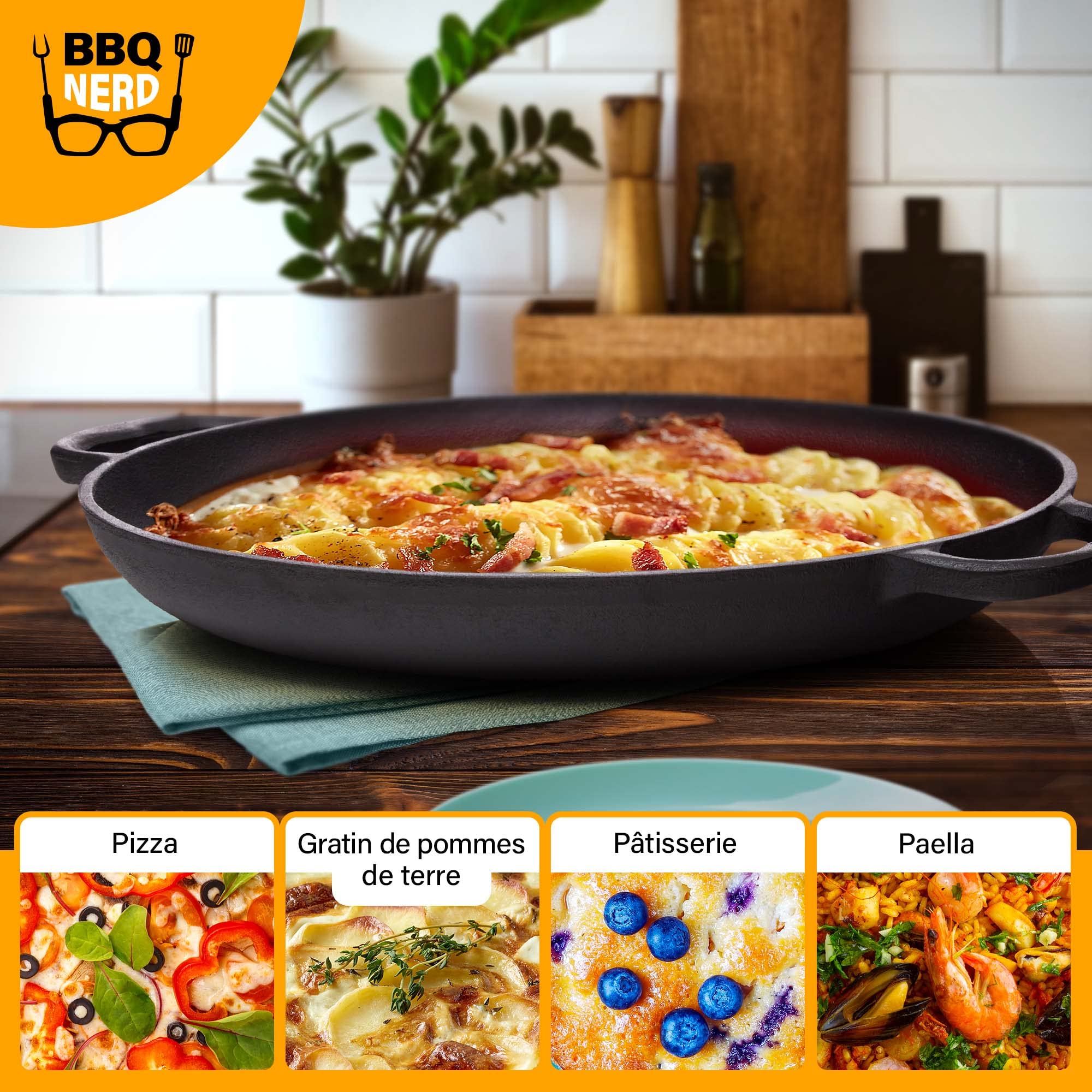 Poêle à paella en fonte Ø 36 cm (6 personnes) Poêle antiadhésive avec fond plat pour paella espagnole traditionnelle - Poêle en fonte pour barbecue - Induction