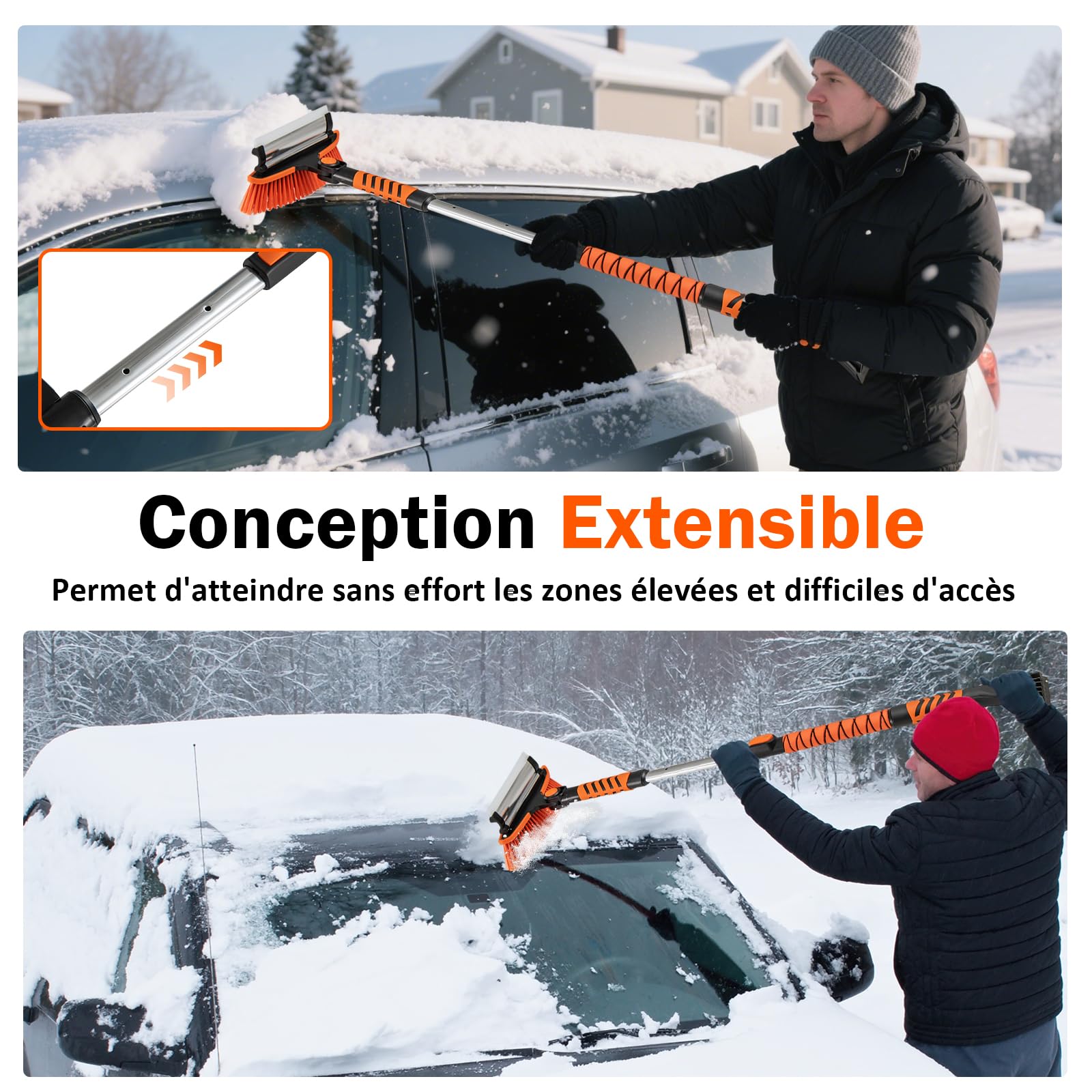 GOPLUS 4 in 1 Pelle a Neige Extensible 80/100cm, Grattoir Pare Brise Voiture et Brosse Voiture Détachable 87/107cm, Tête Pivotante à 180°, Manche en Aluminium, Poignée Mousse, pour Camions, SUV