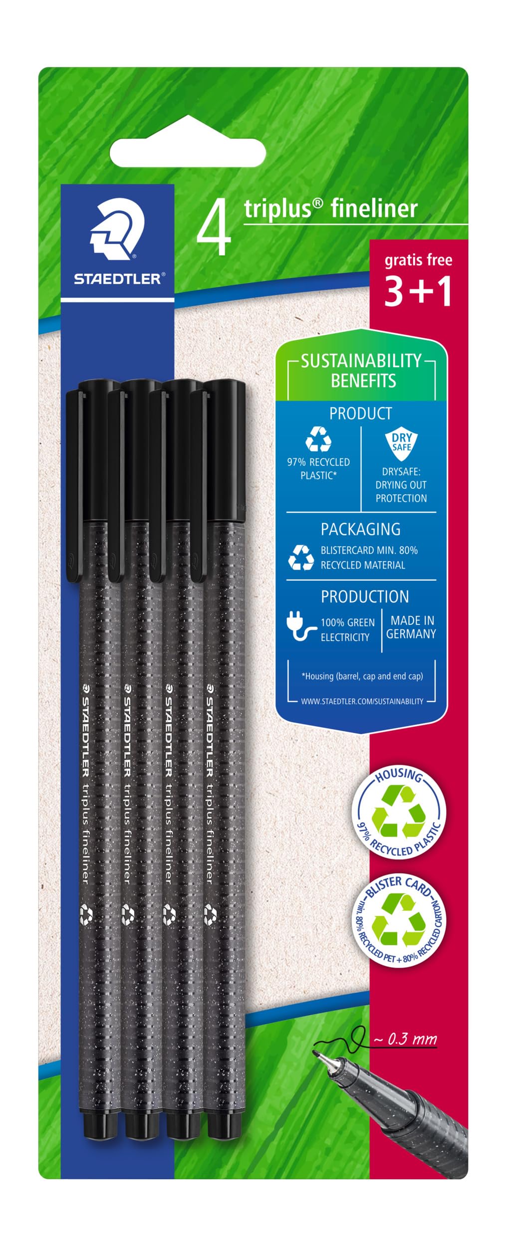 Staedtler Rotulador de punta fina triangular, color negro, de plástico reciclado, punta superfina de 0,3 mm, larga vida útil, 4 rotuladores negros en blíster, 334 R-9BK
