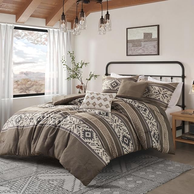 Madison Park Madison Park Fluffy Microfiber Comforter Set, 5PC King/Cal King | Stripes Herringbone Southwestern Boho, All Season Bedding, with Comforter, Shams, Brown, King/California King, Brown