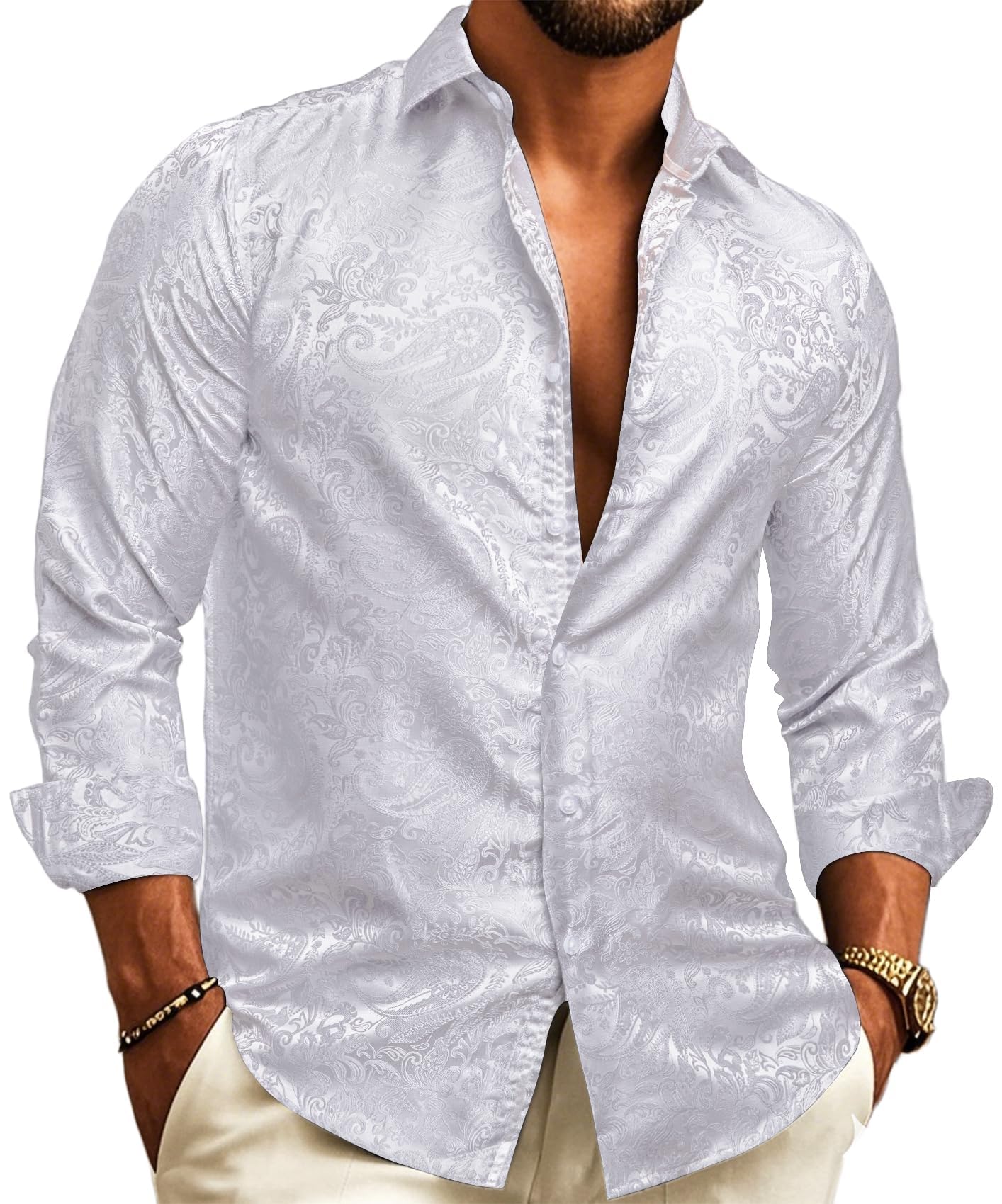 Barry.Wang Mens Western Shirts Silk Paisley Long Sleeve Button Down Dress Shirt Designer Mexico Cowboy Shirt Party Casual