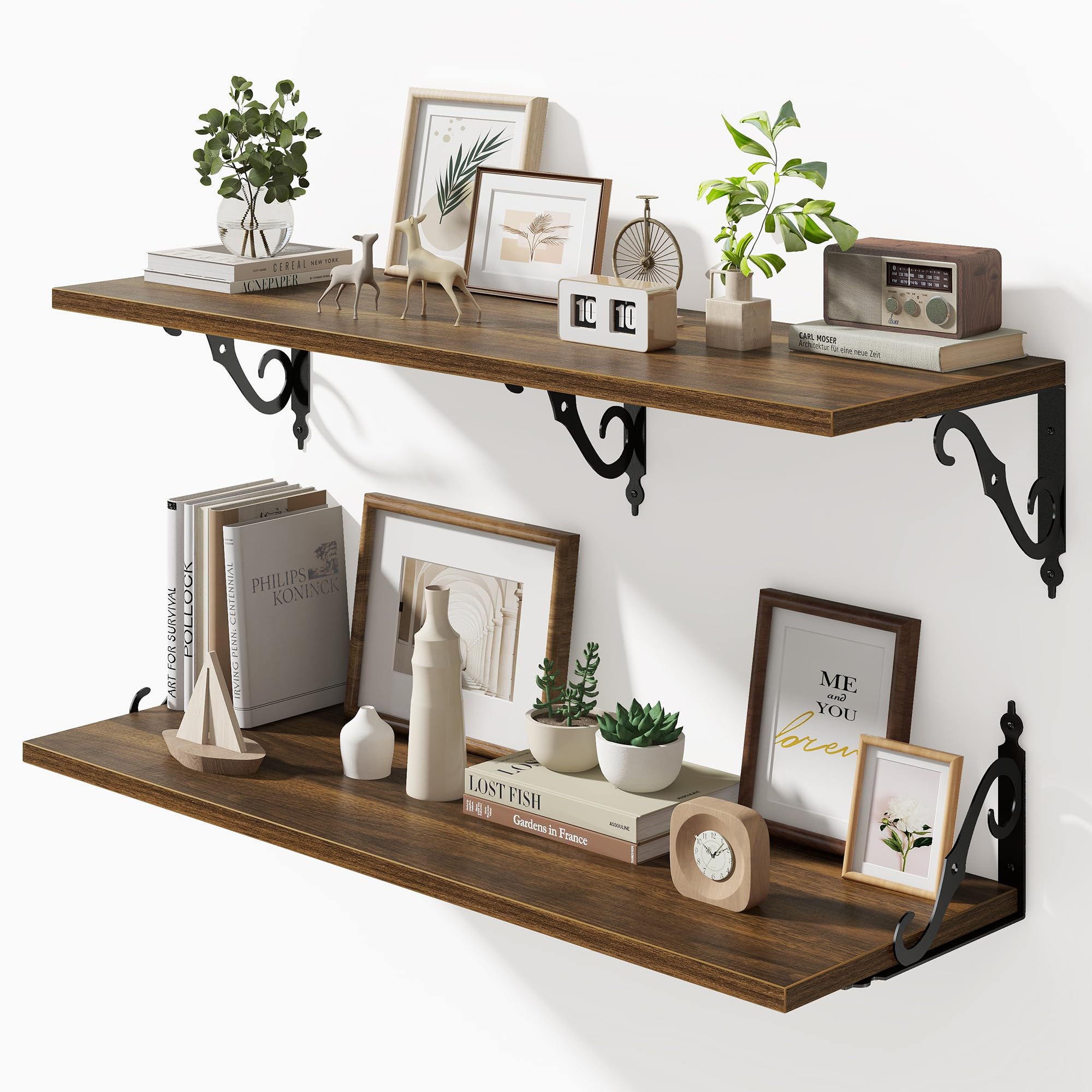 Photo 1 of 36 Inches Floating Shelves, Rustic Long Wall Shelves, 12 Inch Deep Book Shelf Wall Mounted with Bracket, Wide Display & Storage Shelves for Living Room, Bathroom, Bedroom, Walnut, Set of 2