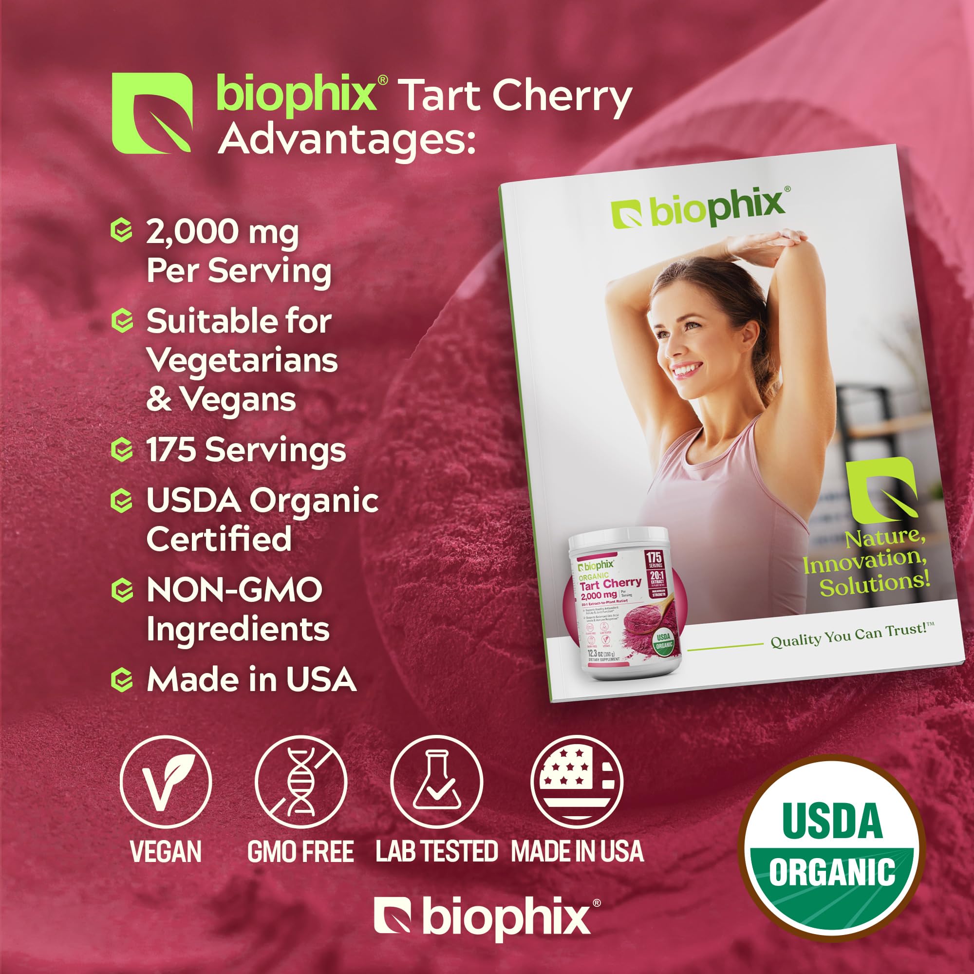 biophix Tart Cherry Powder Organic USDA 20:1 Extract 12.3 oz 350 g - Antioxidant-Rich Superfood - Supports Heart Health - Digestive Health - Natural Flavor - No Sugar Added — Amazon image 7