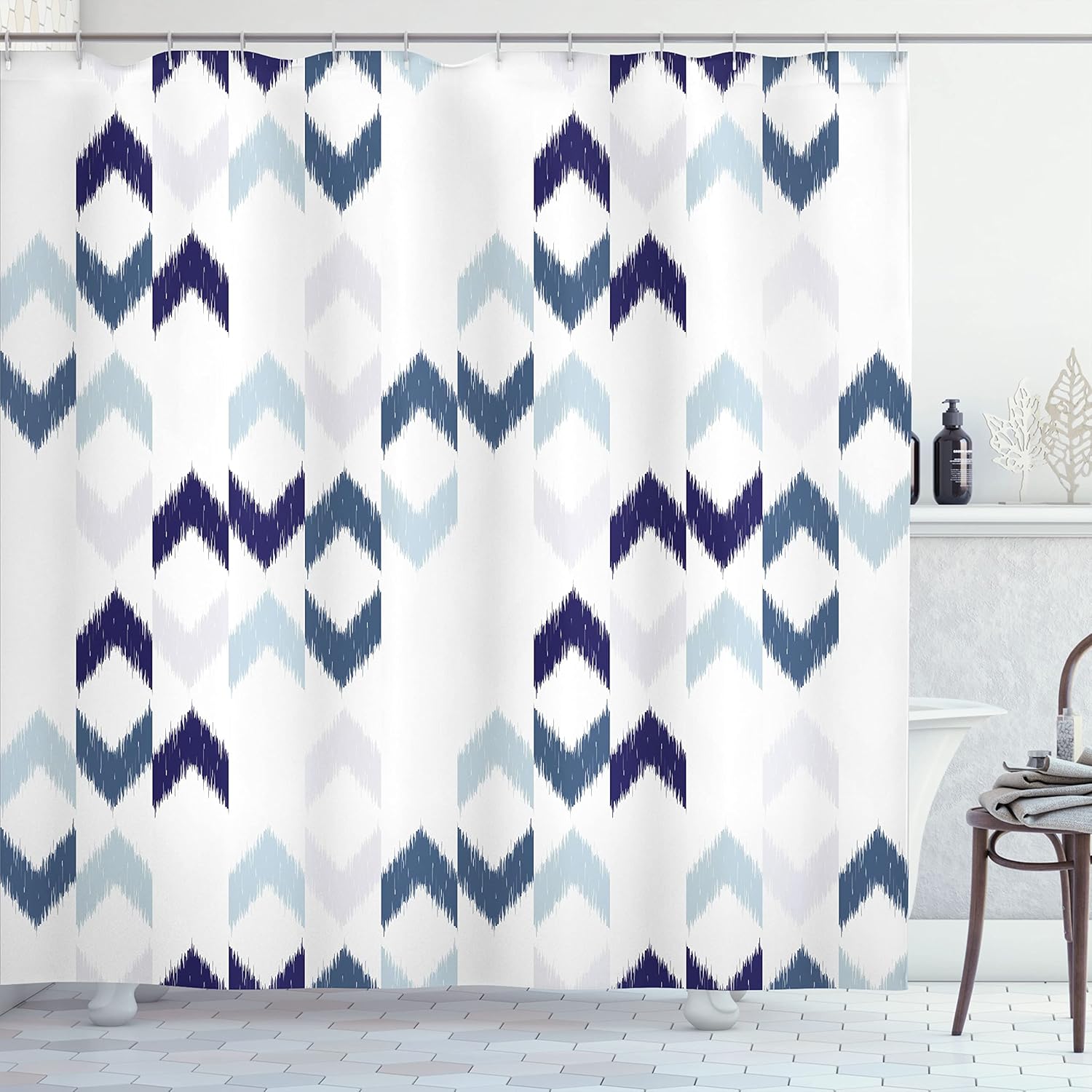 Ambesonne Navy Shower Curtain, Abstract Ikat and Chevron with Hazy Zigzag of Folk and Traditional with Modern Style Image of an Art, Fabric Bathroom Decor Set with Hooks, 69" W x 75" L, Blue Purple