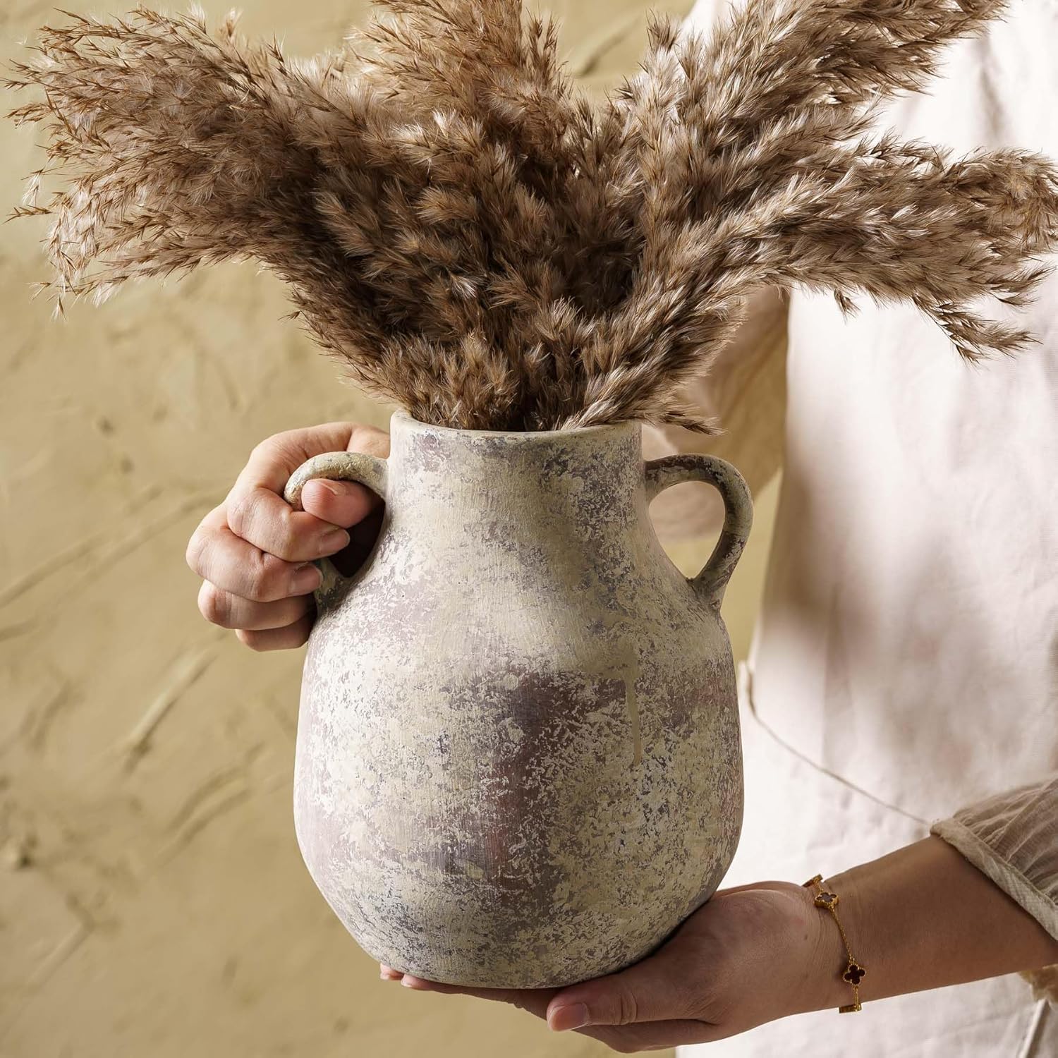 Rustic Ceramic Farmhouse Flower Round Vase with 2 Handles, Vintage Terra Cotta Vases, Decorative Pottery Ceramic Stone Vase for Home Decor, Living Room, Table, Shelf Decor, Mantel, 7.7 Inch - Image 2