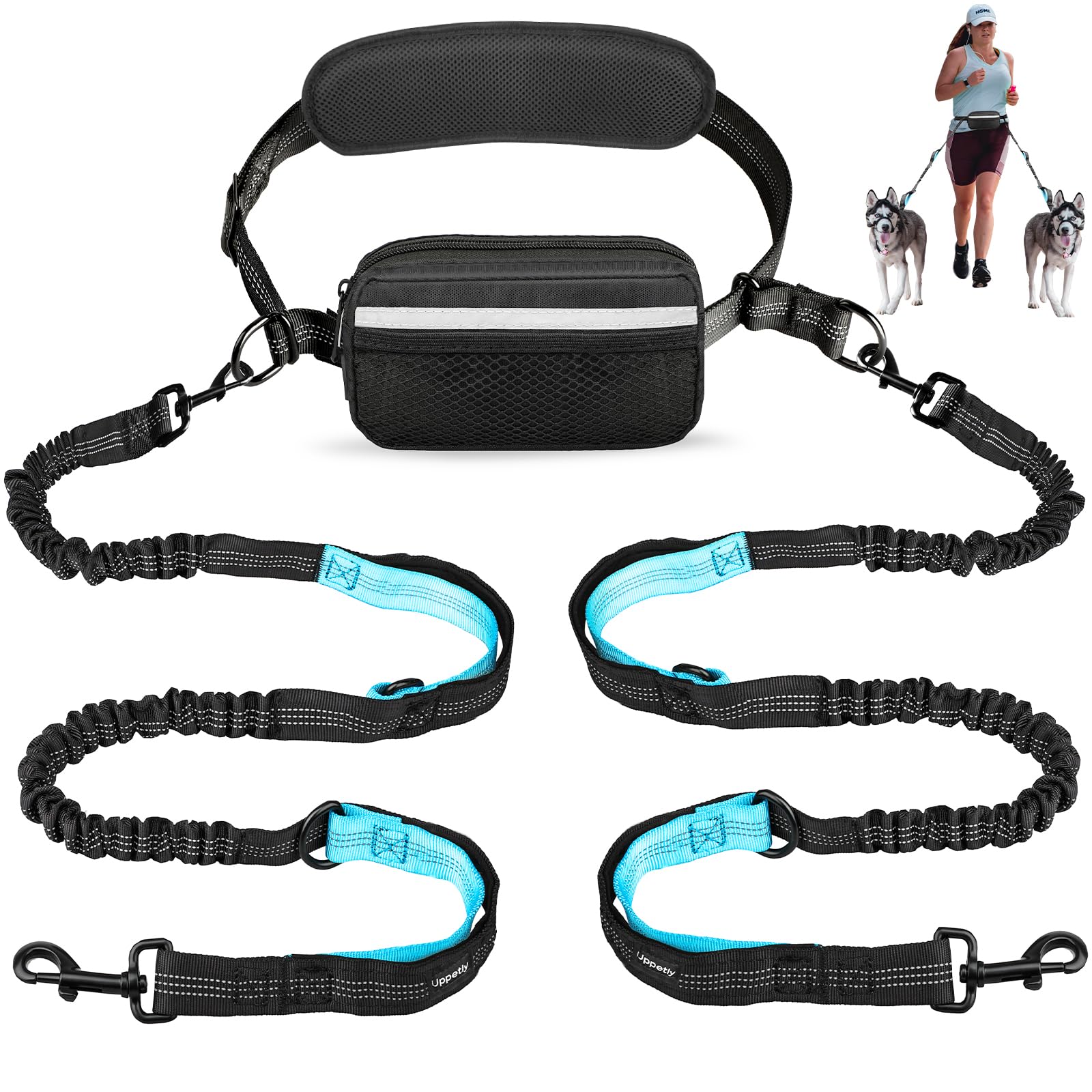 Uppetly Hands Free Dog Running Leash with Adjustable Waist Belt, Dual Handle Elastic Bungees Retractable Rope for Medium and Large Dogs, Reflective