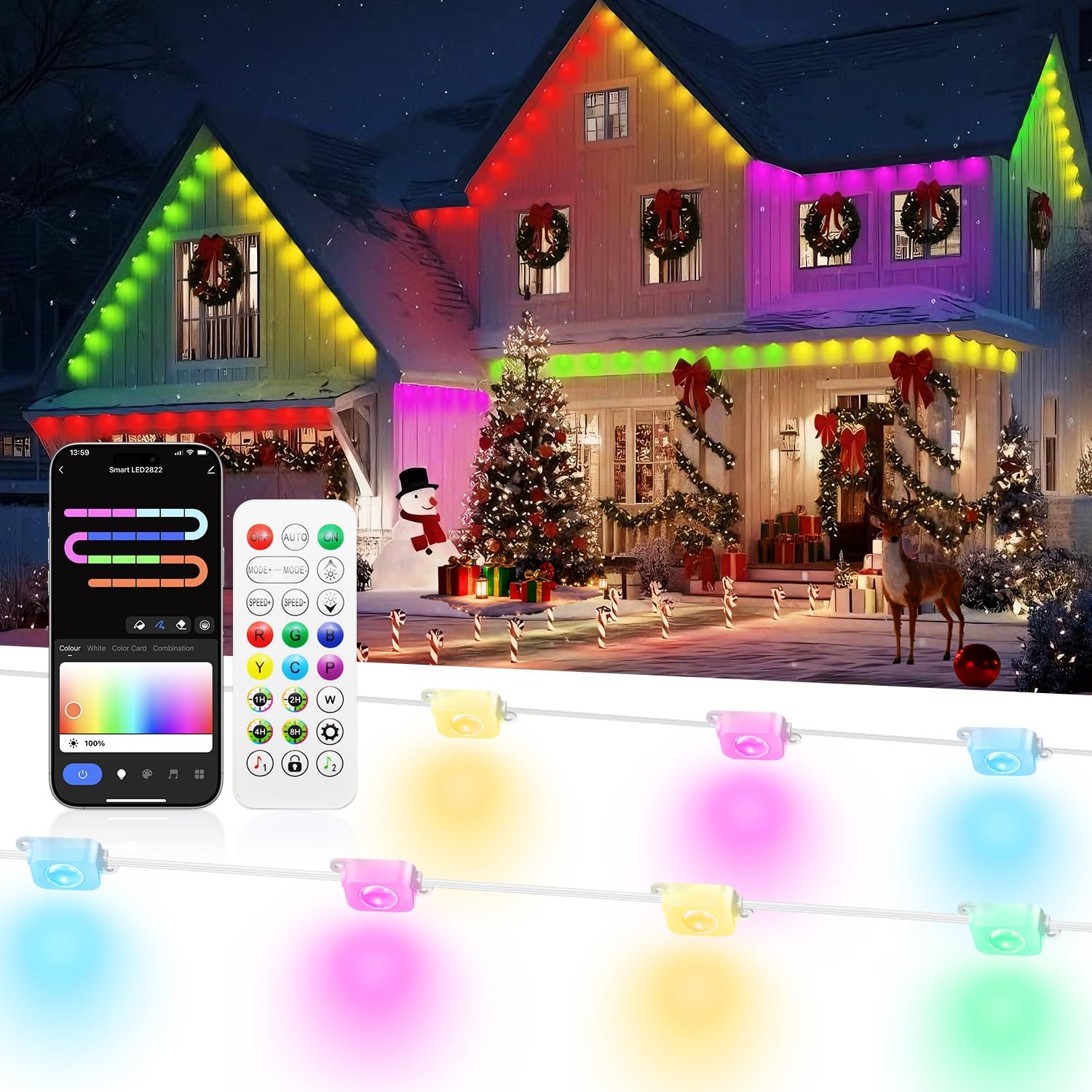 200FT Permanent Outdoor Lights for House -Eaves Lights with 100 IC+RGBCW LED IP67 Waterproof, Smart Outside LED Christmas Light with App/Remote, Eternity Lighting for Holiday/Daily