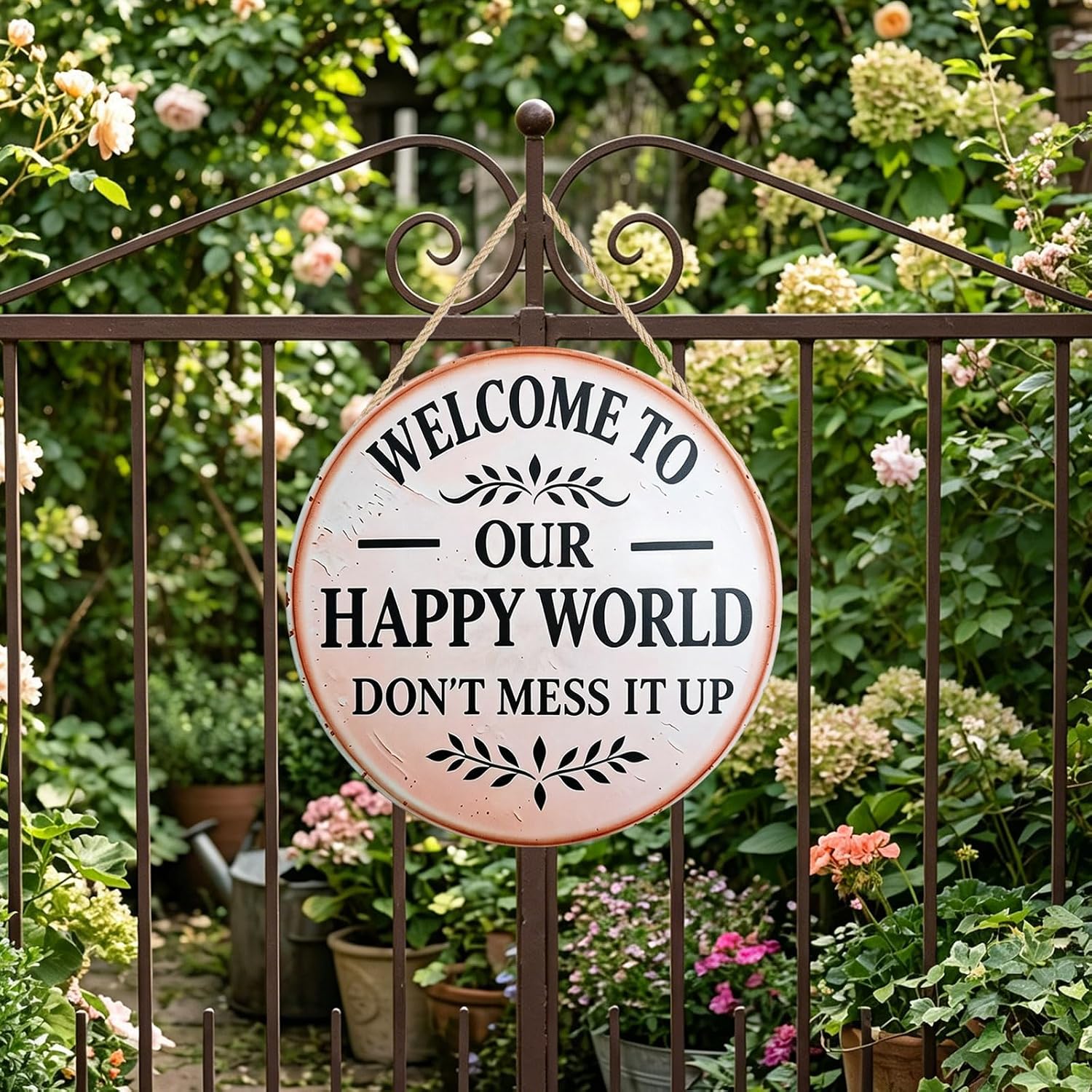 Happy Place Sign, Funny Garden Metal Signs "Welcome to Our Happy World, Don't Mess It Up" Vintage Wall Decor, Hanging or Self-Adhesive, Porch Yard Patio Bedroom Bar Garden Decor 12x12 in - Pink image 4