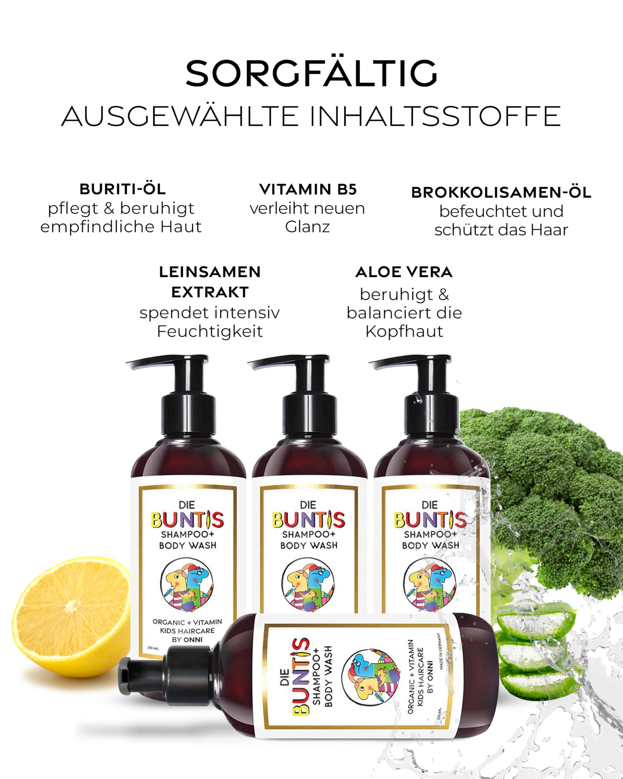ONNI – Kindershampoo 2-in-1 Formel Kids Shampoo & Body Wash 200ml – Kinder Vitamin Shampoo sanfte Haarpflege für empfindliche Kopfhaut – Ohne Augenbrennen – vegan, ohne Sulfate, Silikone & Parabene