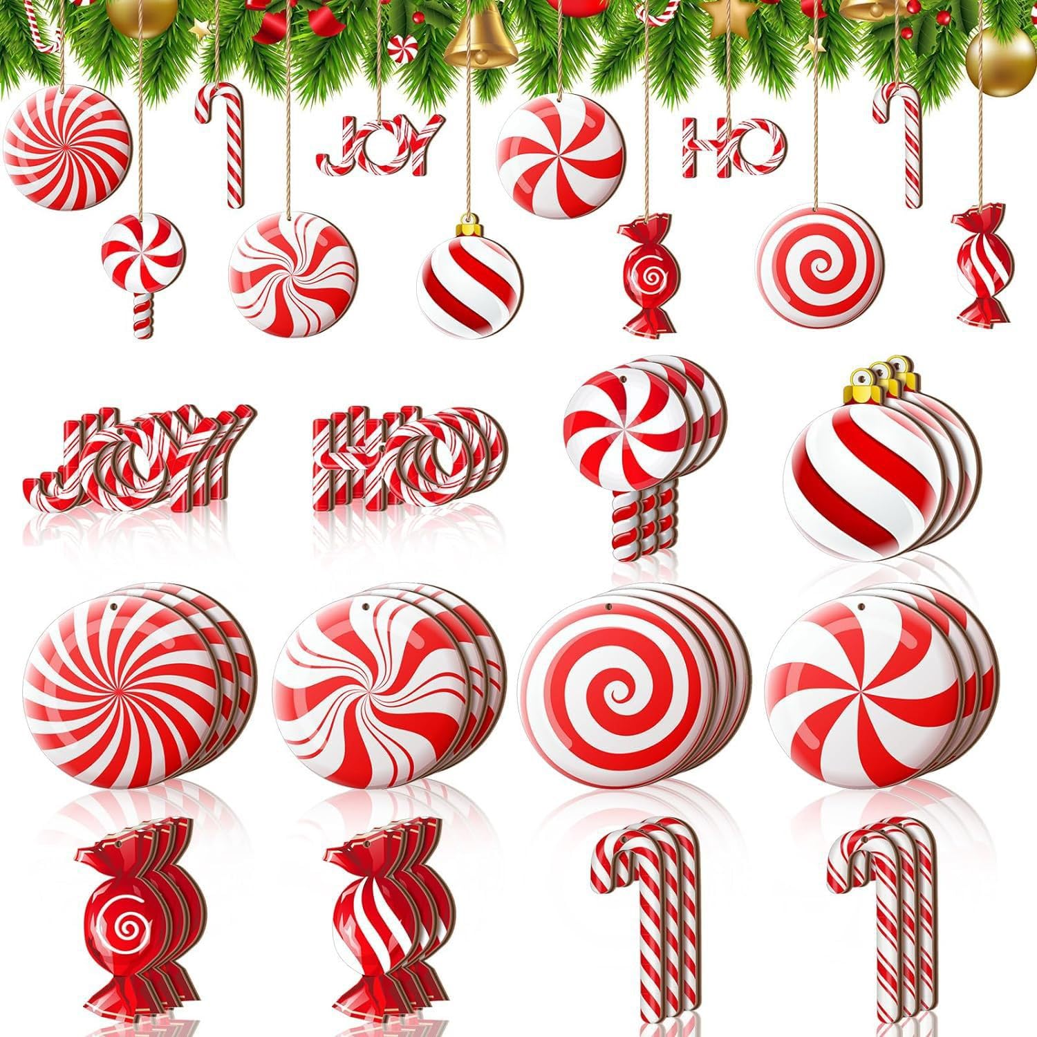 24 Pcs Christmas Tree Pendant Candy Cane Xmas Hanging Ornaments Lollipops Wooden Decorations for Xmas Tree Holiday Party Supplies DIY Crafts (Candy Cane)