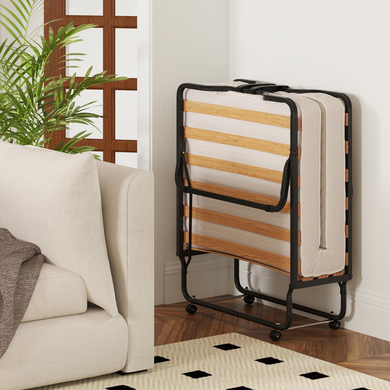 COSTWAY Cama Plegable con Colchón en Memory Foam 80 X 200 cm, Cama Supletoria Plegable con Ruedas para Casa, Acolchado Ondulado con Doble Relleno de Fibra, Ahorra Espacio, (Beige 2)