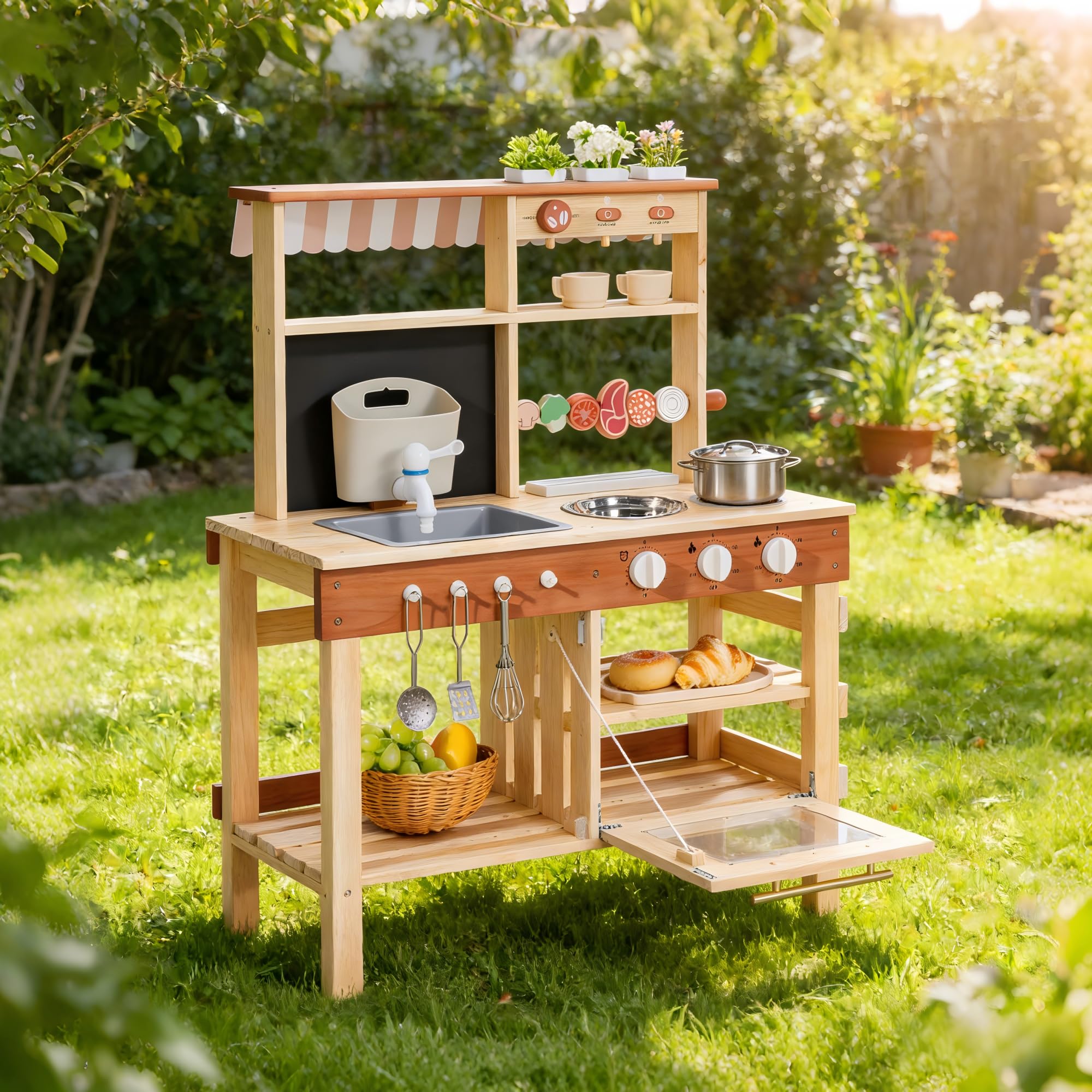 ROBUD Cucina da gioco in legno per bambini, cucina da esterno con lavello, macchina per il caffè, griglia per barbecue, forno e lavagna, gioco di finzione con accessori per bambini bambine 3+
