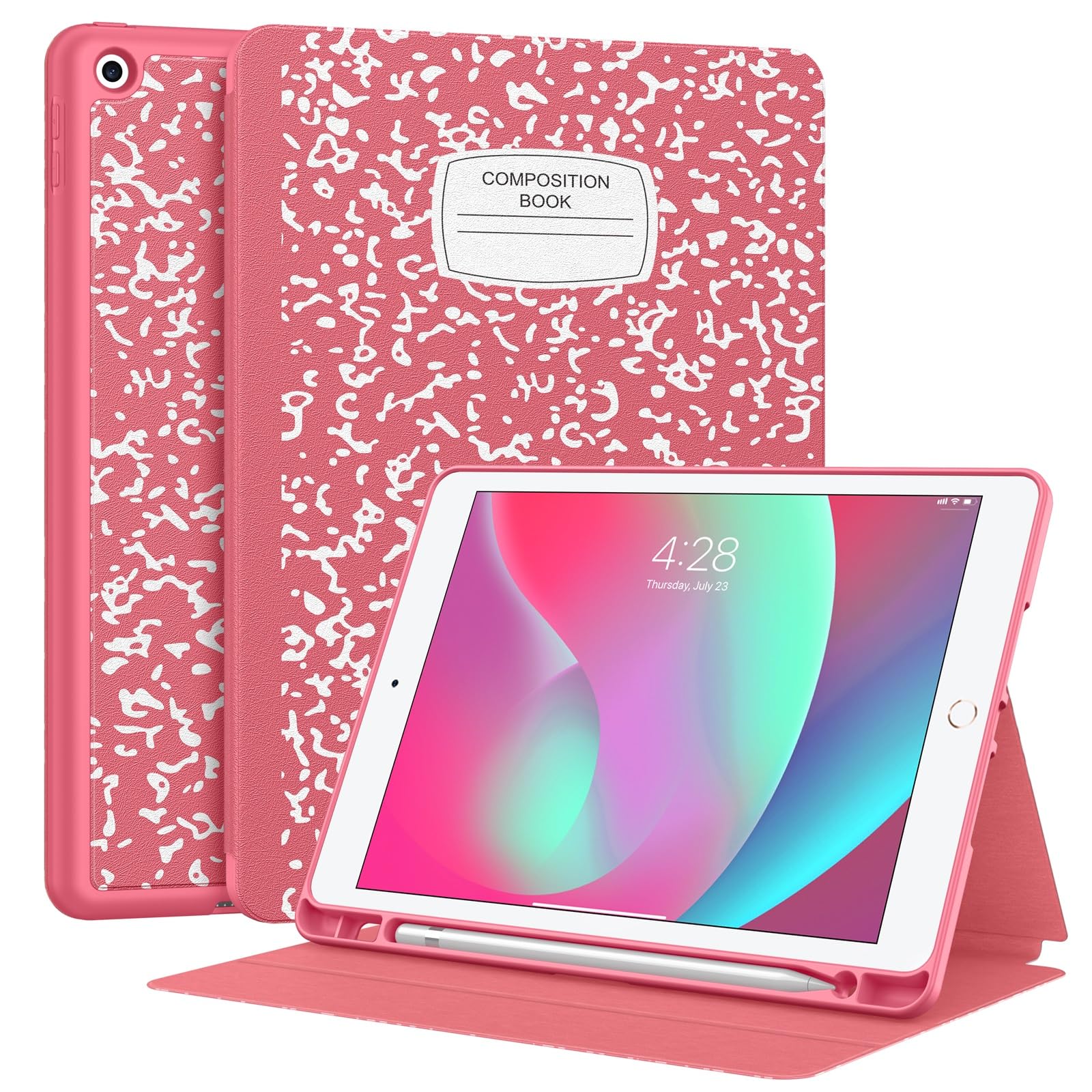 Supveco Case for iPad 9th/8th/7th Generation 10.2 inch (2021/2020/2019 Model) with Pencil Holder, Premium Folio Stand Case with Auto Wake/Sleep,Soft TPU Back Shell Cover for iPad 10.2 Inch-Watermelon
