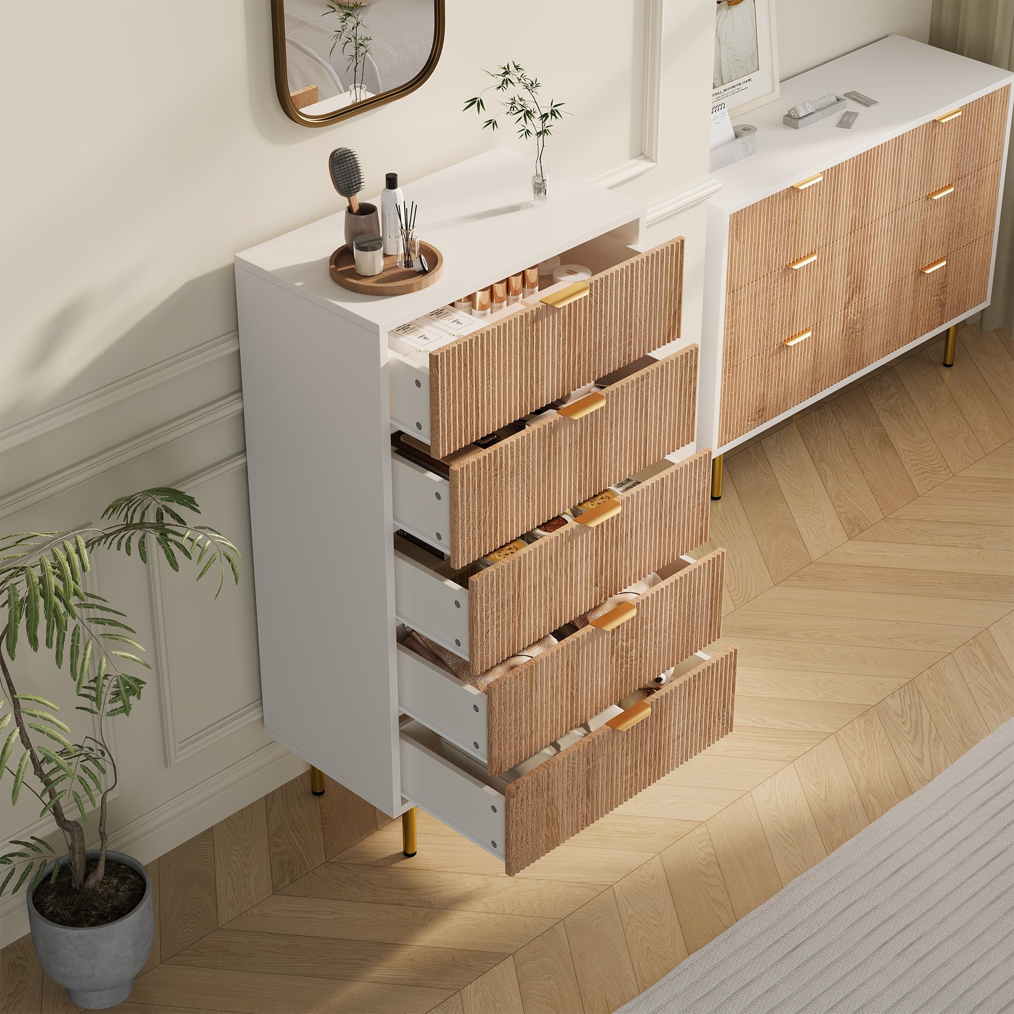Commode à 5 Tiroirs, Commode Chambre Adulte Moderne 60x34x110cm, Chiffonnier Meuble de Rangement pour Chambre,Salon,Entrée