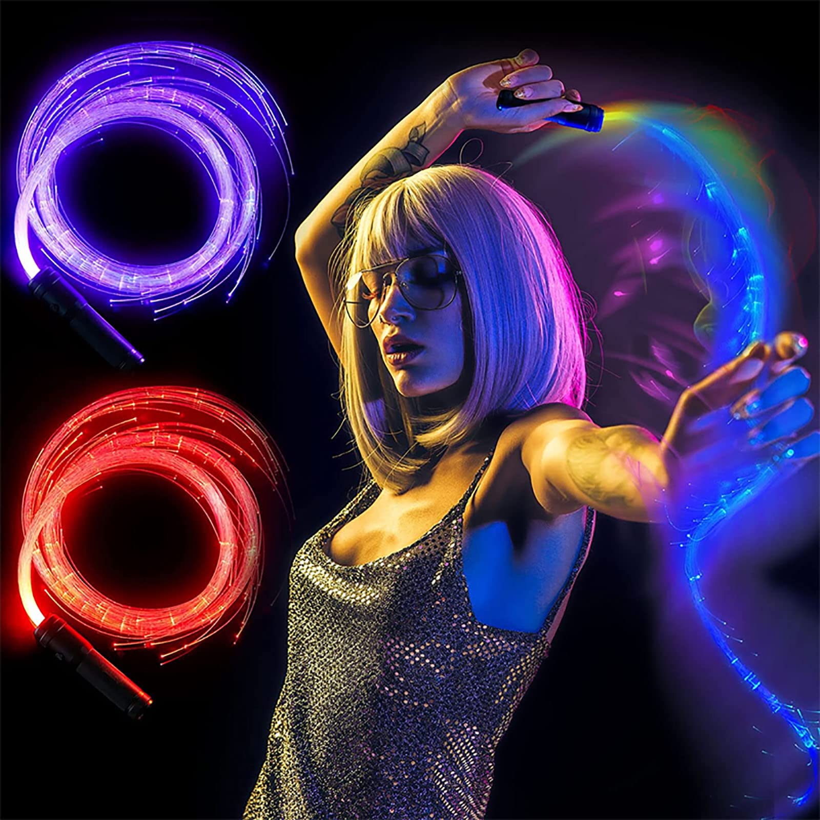 Látigo espacial de baile giratorio de 360°, 1 látigo de fibra óptica LED, luz superbrillante, modo de efecto de 36 colores para Navidad, baile, fiestas, espectáculos de luces, festivales de música