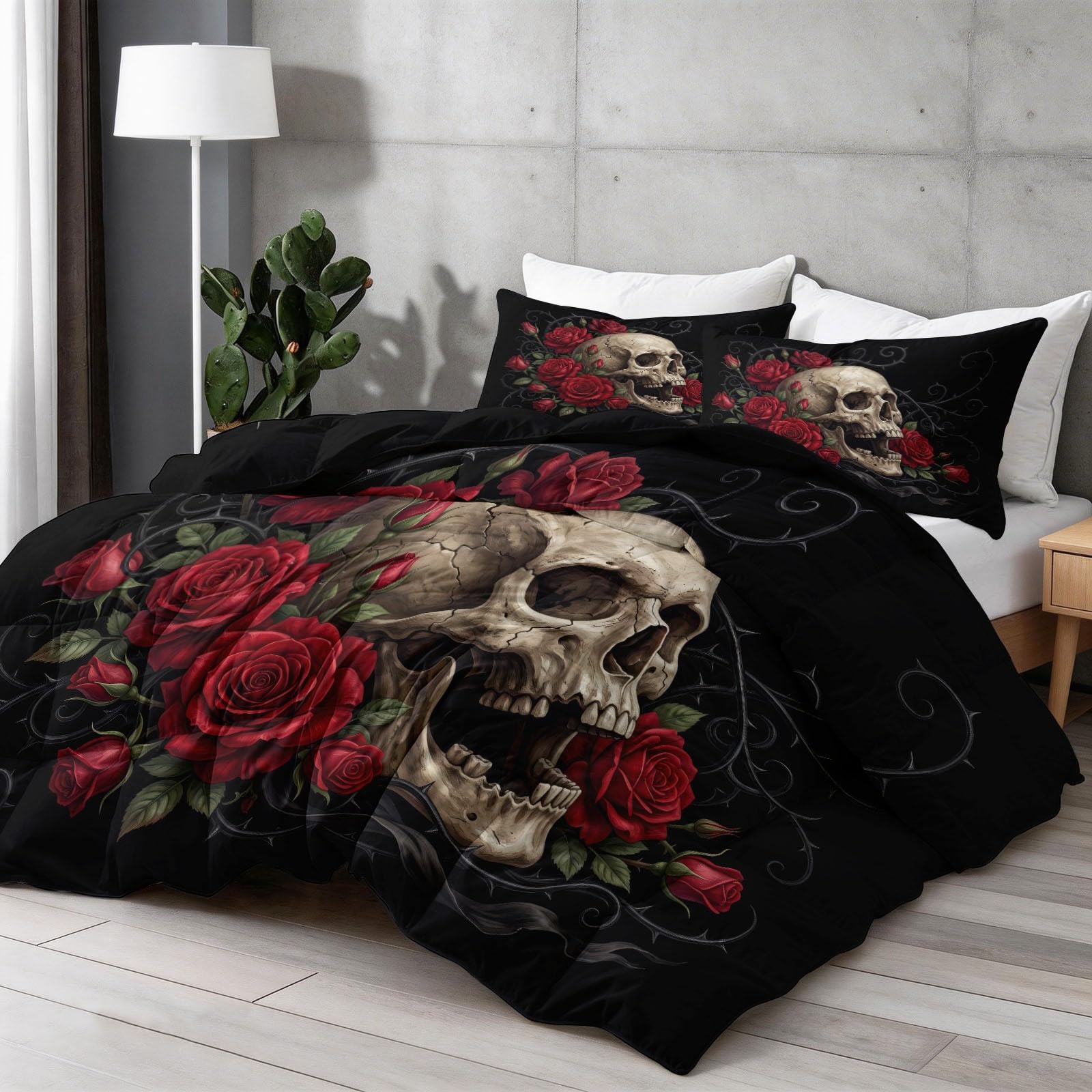 Ciemny styl gotycki kołdra bez poszewki 155 x 220 cm – czarna, na 4 pory roku, dwustronna, pikowana kołdra do pokoju dziewczynki, nadaje się do prania, chłodna, czerwona, różowa, czaszka, miękka