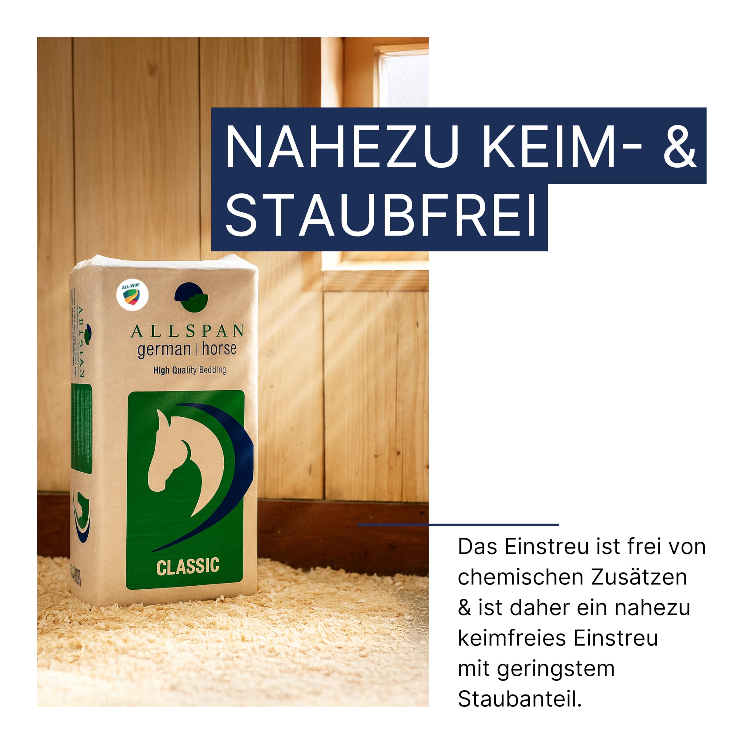 ALL-WIN | Allspan German Horse Classic 19 kg – Palette 21x | Hochwertiges Weichholz-Einstreu | Staubarm, saugstark & hygienisch | Ideal für Pferdeboxen, Hühner, Kaninchen, Hamster & andere Kleintiere