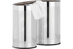 Metro Chrome Metal Nested Breathable Laundry Hamper Baskets with Wooden Lids, Set of 2