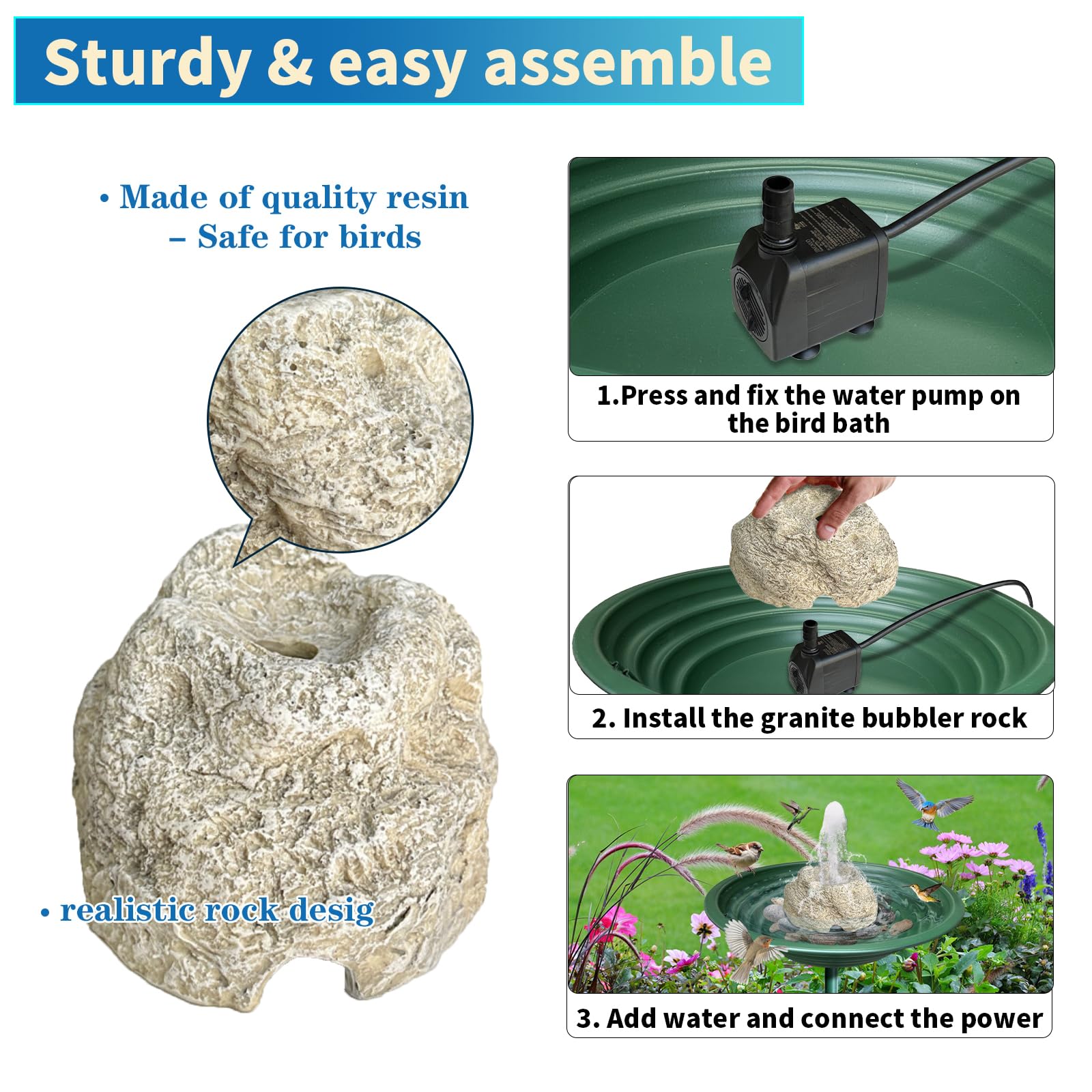 SAC SMARTEN ARTS - Fontana per uccelli per vasca da bagno per uccelli con pompa dell'acqua da 7,5 W, funzione acqua in granito resina, per giardino, patio, prato, colibrì, voliera, acquario e acquari