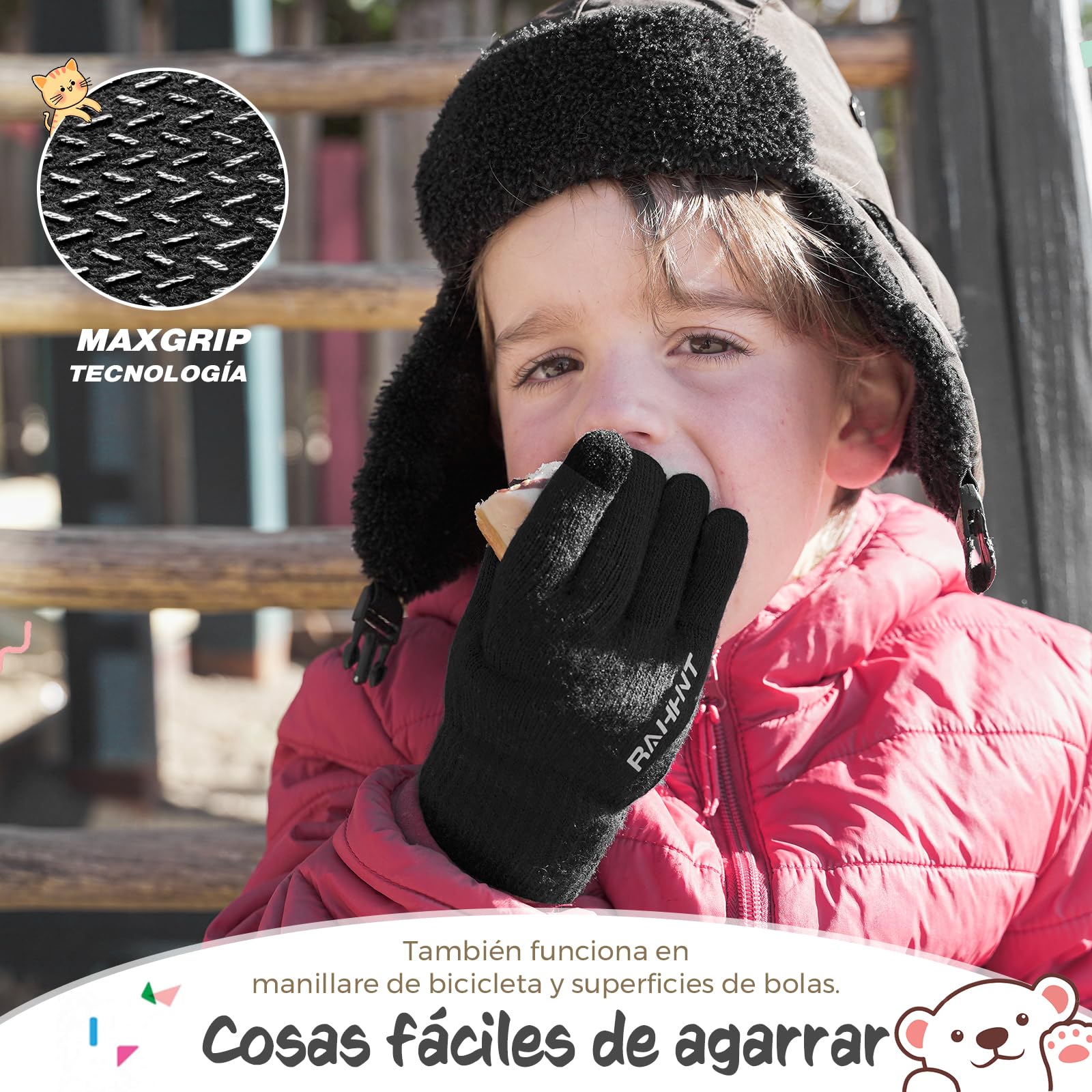 Rahhint Guantes Lana Invierno Termicos para Niños y Niñas 4-15 Años con Punto Pequeños Forro Polar Aislado