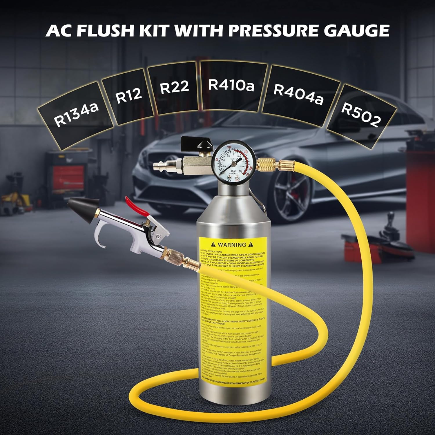 MR CARTOOL AC Flush Kit, Auto Air Conditioner System Flush Kit R134A R12 R22 R404 R410A Home HVAC Flushing Tool with 3.5FT Rubber Hose, 220PSI Gauge and Air Fittings