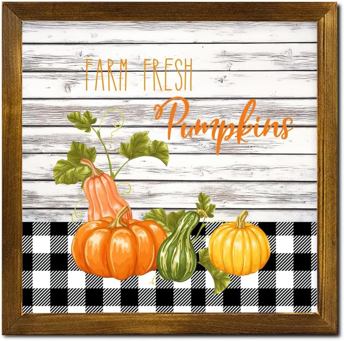 Farm Fresh Pumpkin Wooden Framed Sign Thanksgiving Sunflower Buffalo Plaid Wood Sign Plaque Classic Autumn Harvest Home Wall Decoration for Home Living Room Office Entryway 12x12 inch
