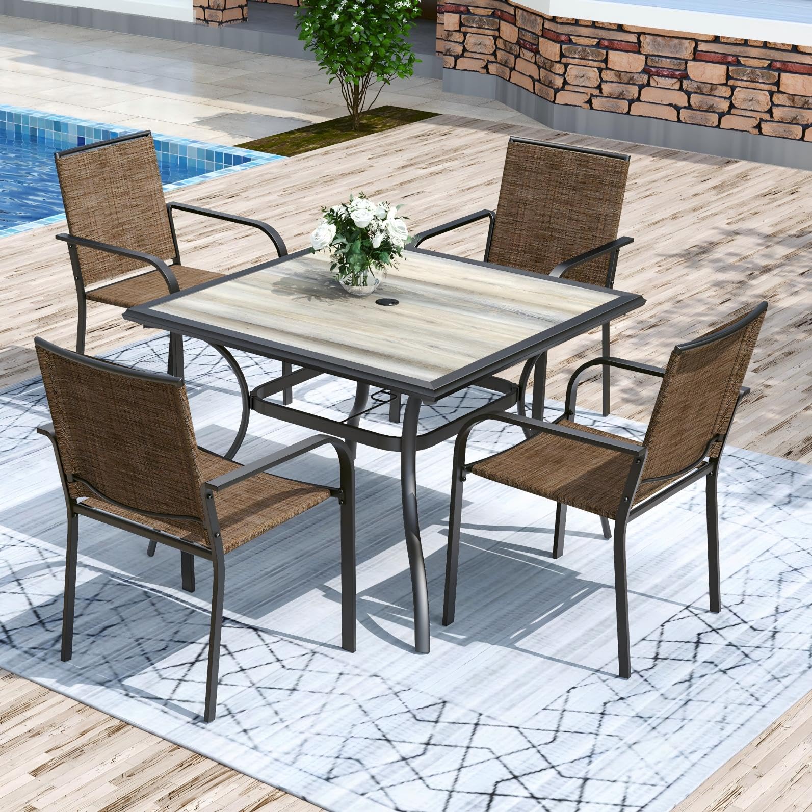 Anmutig 5-Piece Outdoor Dining Set, 37" Square Patio Table 4 Chairs, Brown