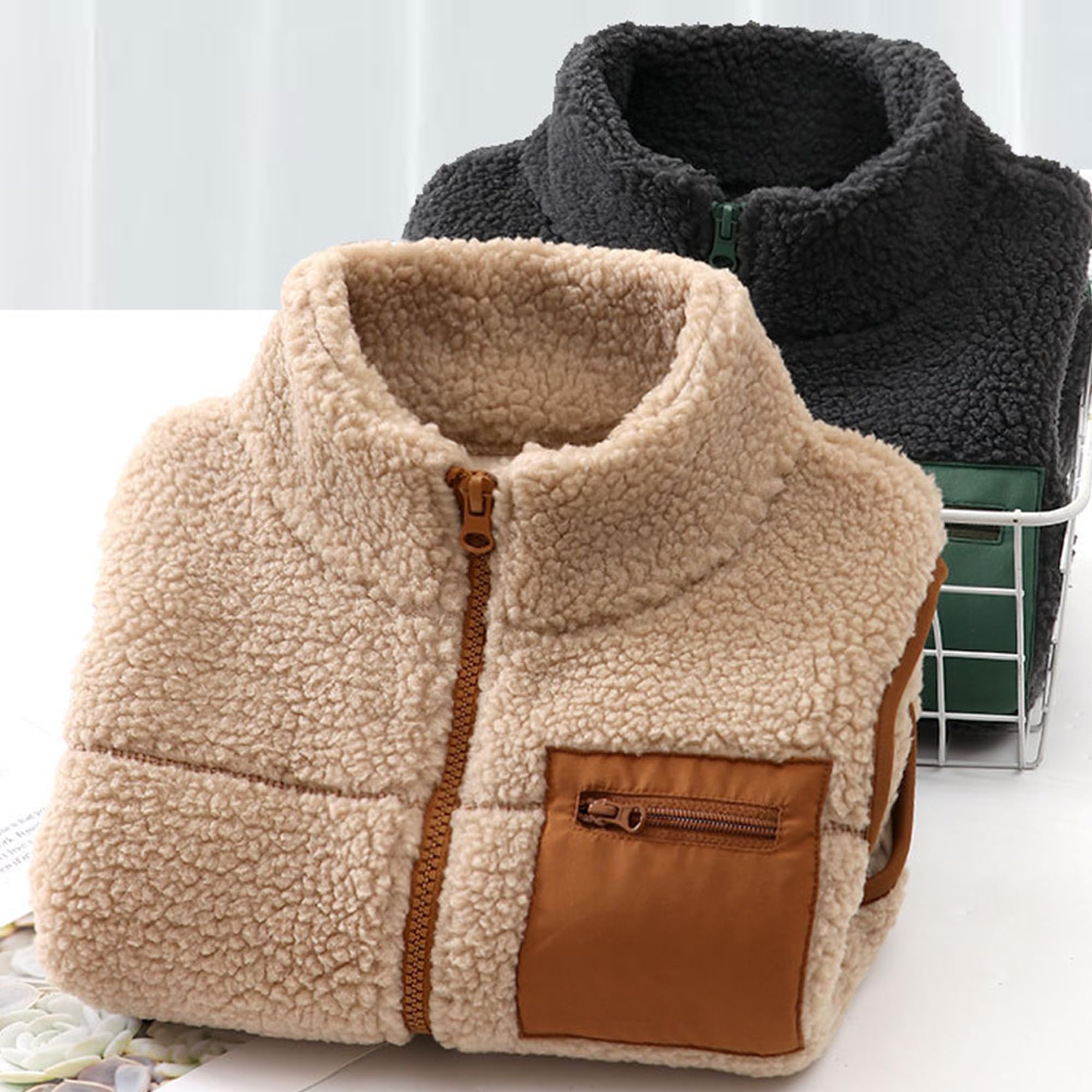 Tout-petits Enfants Polaire Gilet Galet Épaissir Enfants Col montant Fermeture Éclair Sans Manches Veste Parent-Enfant Automne Hiver Tops Vêtements d’extérieur avec Poches
