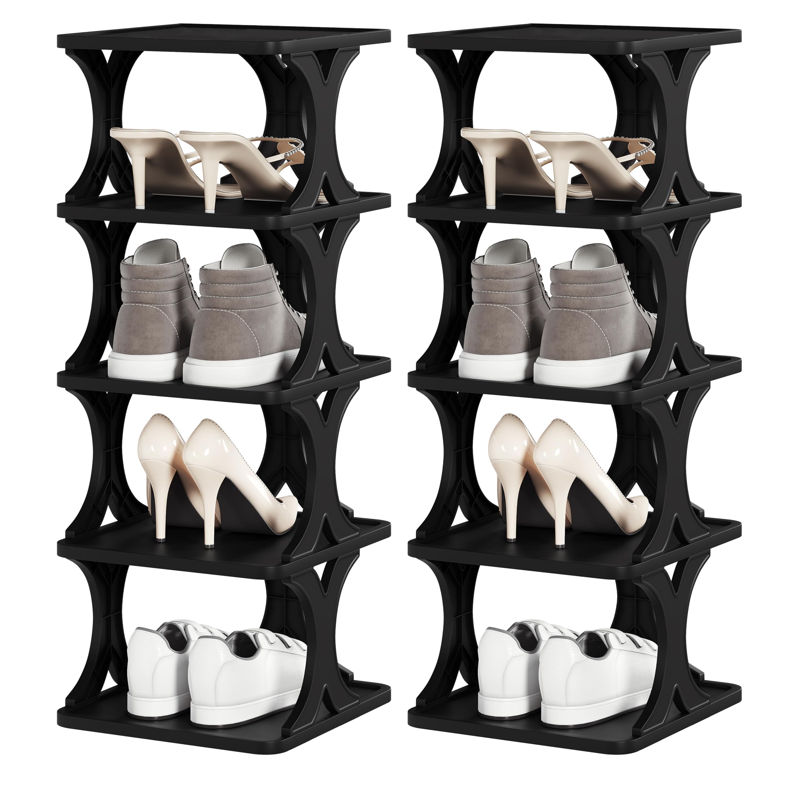 eSituro Juego de 2 Zapateros de 5 Niveles, Zapatero Estrecho de Plástico, Zapatero Apilable, Ahorra Espacio, Organizador de Zapatos, Zapatero de Recibidor, Armario y Entrada, Negro