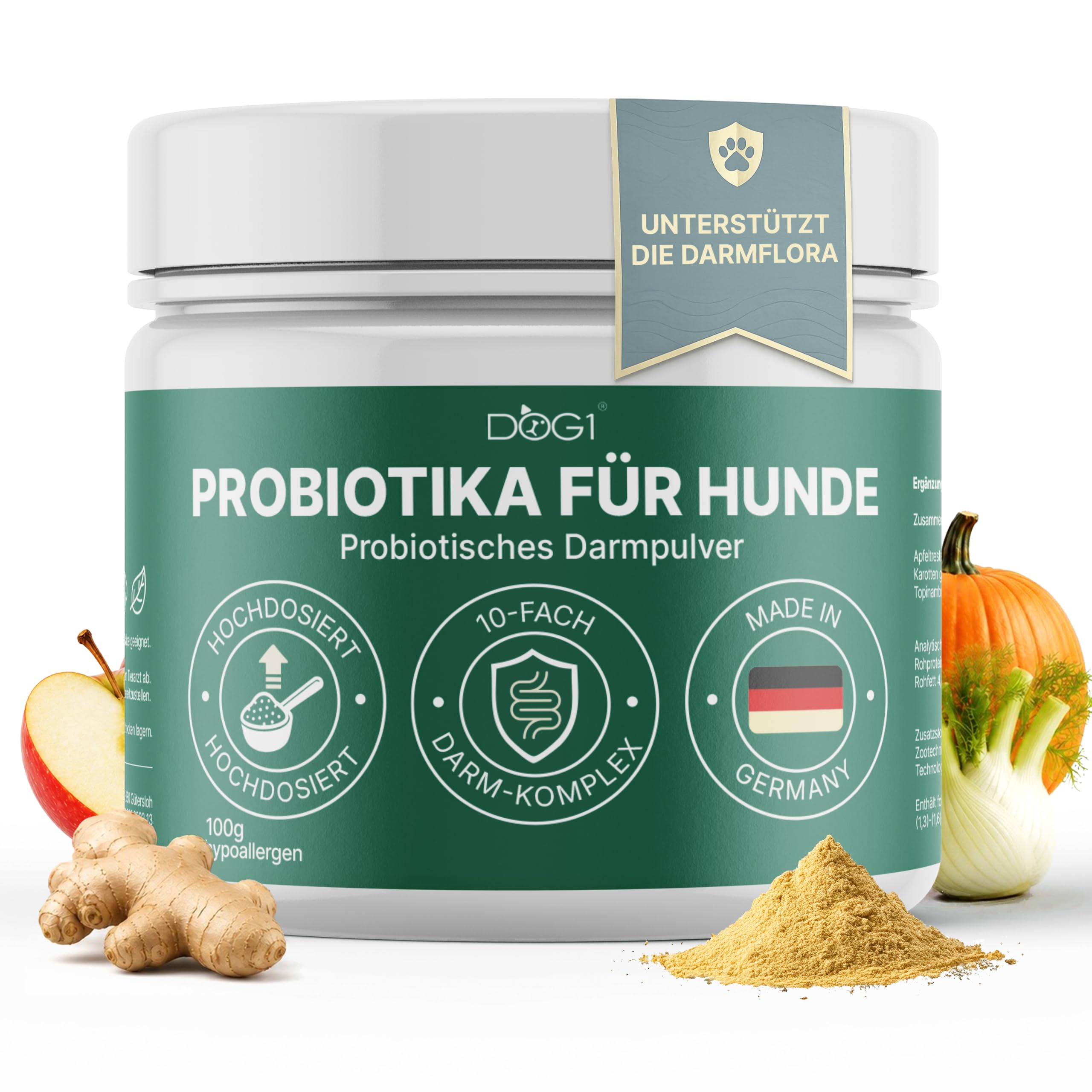 DOG1 Probiotika Pulver für Hunde – Made IN Germany - Unterstützt Darmflora & Verdauung - Probiotika Hund bei Durchfall - Präbiotika & Darmkur Pulver – Von Tierärzten entwickelt - 100g