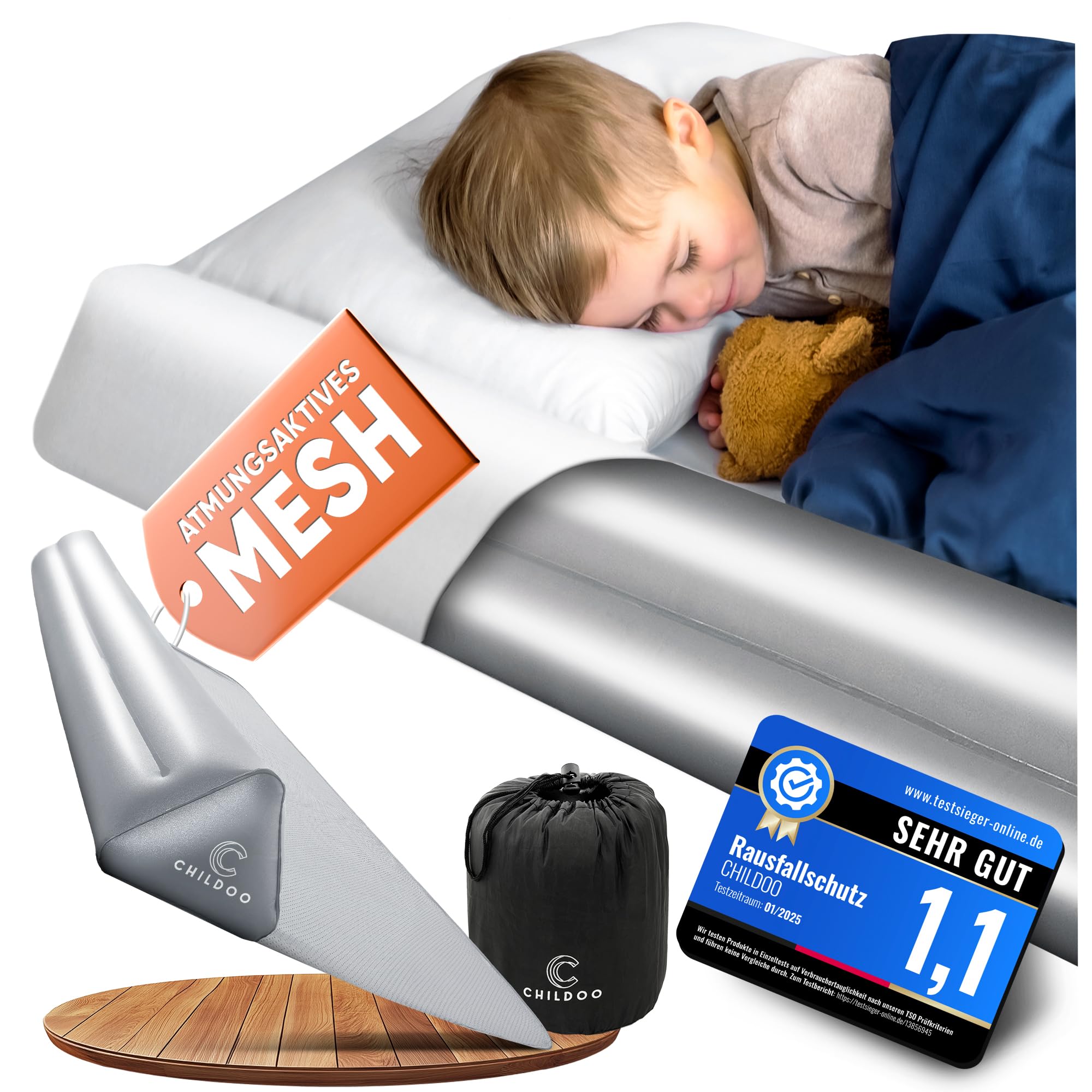 CHILDOO aufblasbarer Rausfallschutz Bett Reise für Kinder & Baby - Bettgitter Rausfallschutz für Boxspringbett 200cm - Bettschutzgitter Kinderbett Elternbett - tragbarer Fallschutz Bett Rausfallschutz