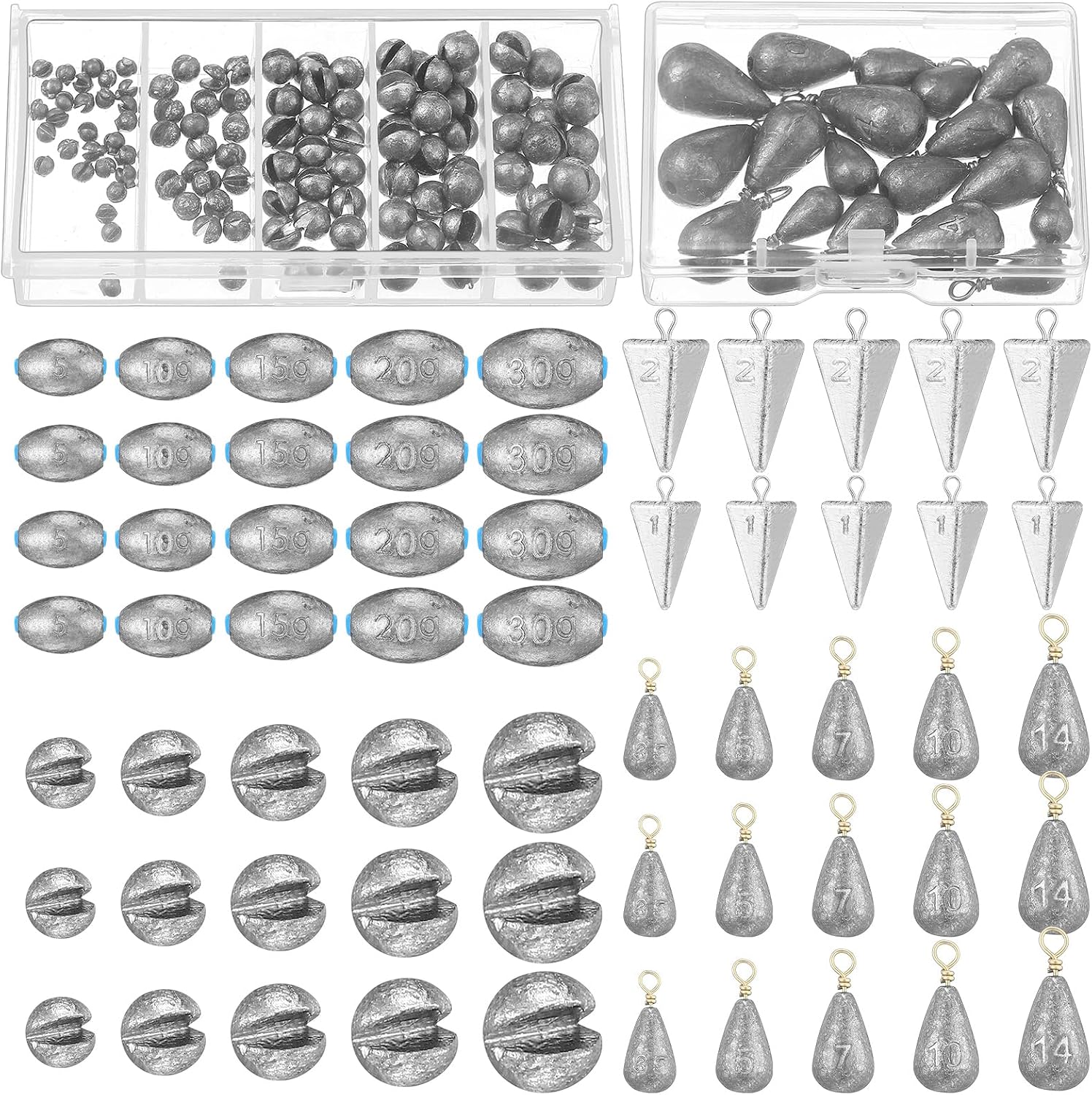 Soulchen 160 Pcs Fishing Weight Sinkers Kit with Tackle Box Bass Casting Drop Shot Egg Pyramid Split Shot Fishing Weight Sinkers for Saltwater Freshwater Catfish Bass