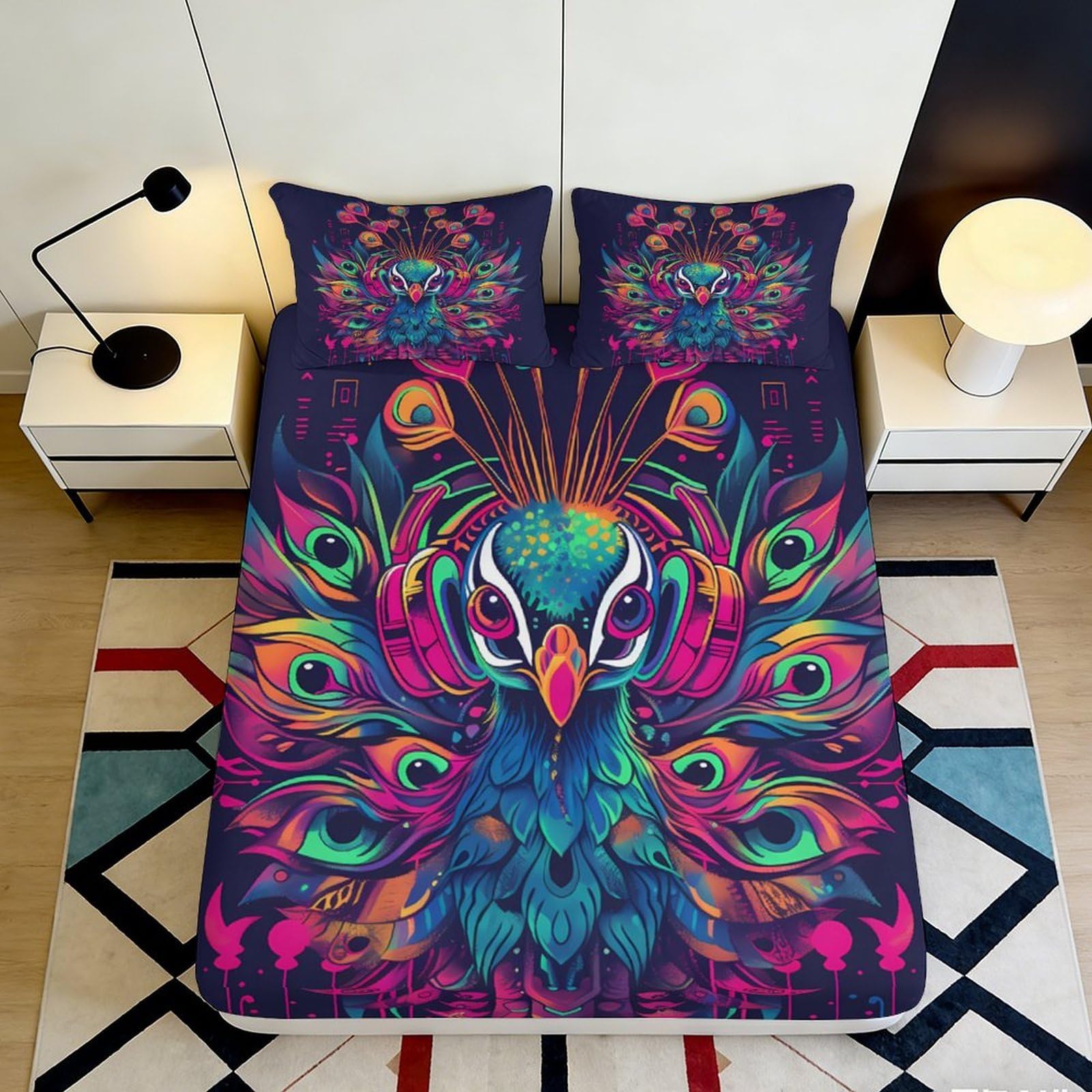 3D Printed Vibrant Peacock Fitted Sheet Microfiber Soft Colorful Feather Bed Cover for Bedroom Guest Room Decor 90x200x25cm