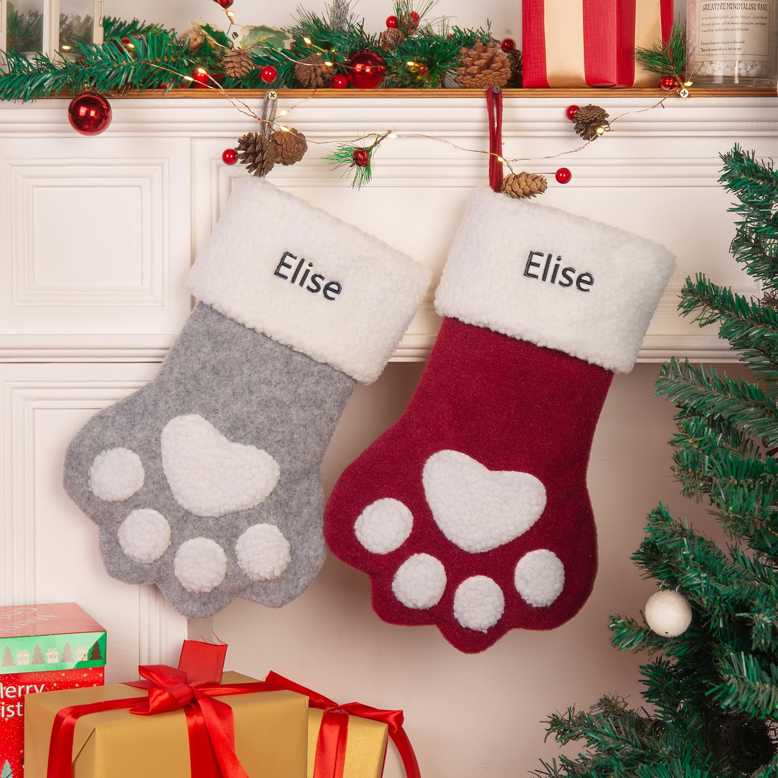 Personalized Dog Christmas Stocking, Pet Christmas Stocking for Dogs Cats, Customized Christmas Ctockings with Name Paw & Bone Shape Dog Cat Stocking (Style 1)