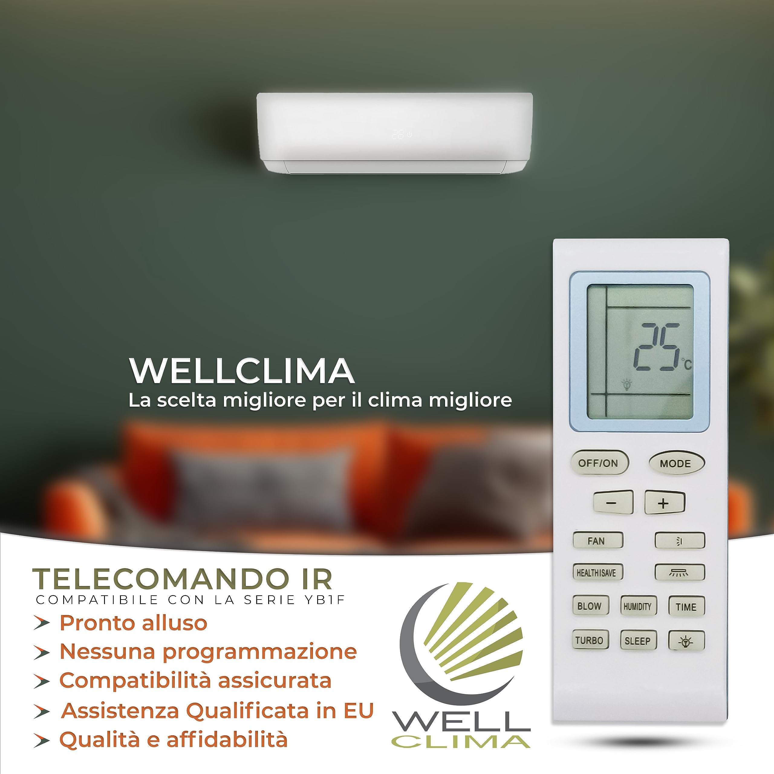 Wellclima telecomando serie YB1F per condizionatore compbatibile con i modelli YB1F YB1FA YB1FAF YB1F2 YB1F2F YB1A21 YB0B2 YB0F YCDC12 YCEC YCEC12 marchi Gree Ferroli Argo Vaillant Lamborghinii