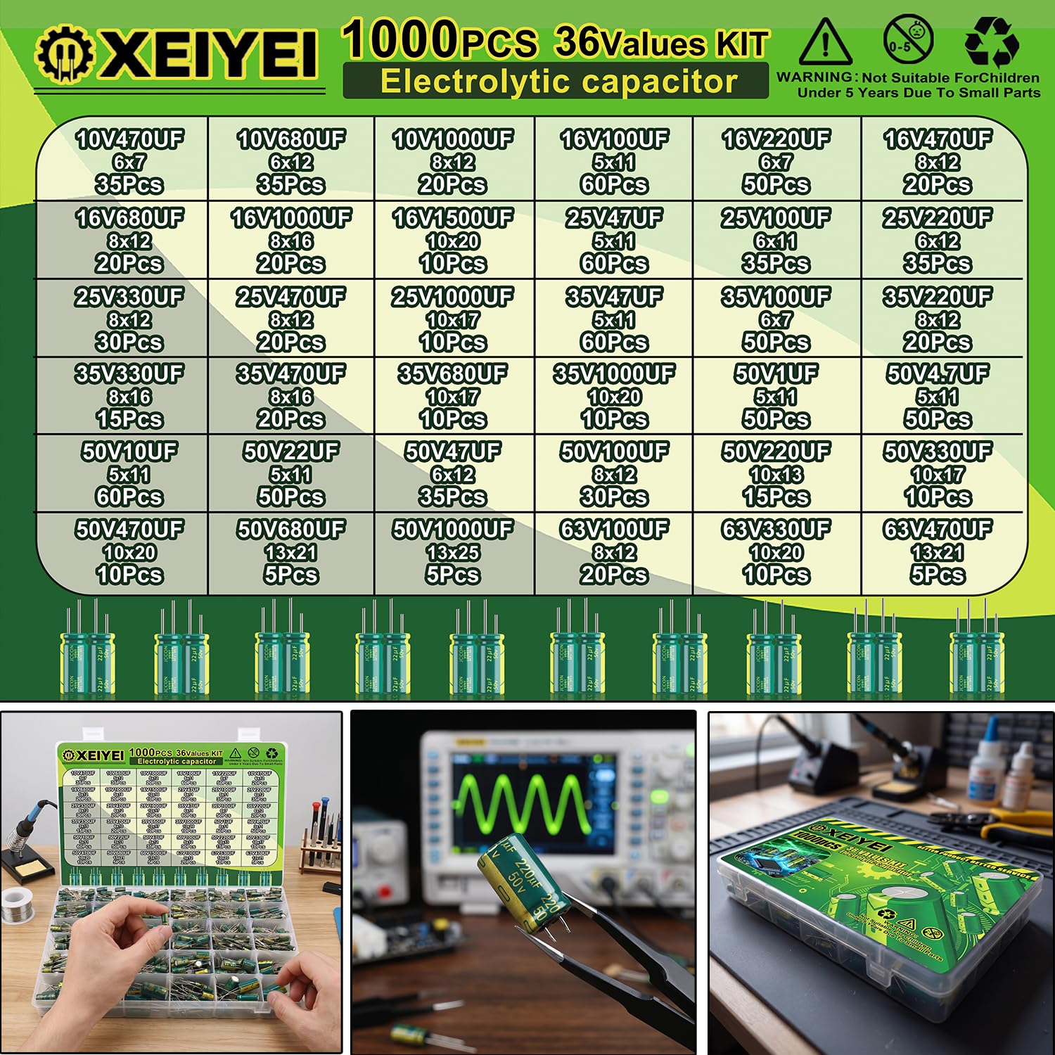 Elkos Kondensator 36 Wert 1000Stk Elektrolytkondensator Set | Elektrolytkondensator Sortimentsbox Set 1uF-1500uF Niedriger ESR Aluminium Capacitor Kit Electrolytic Capacitors