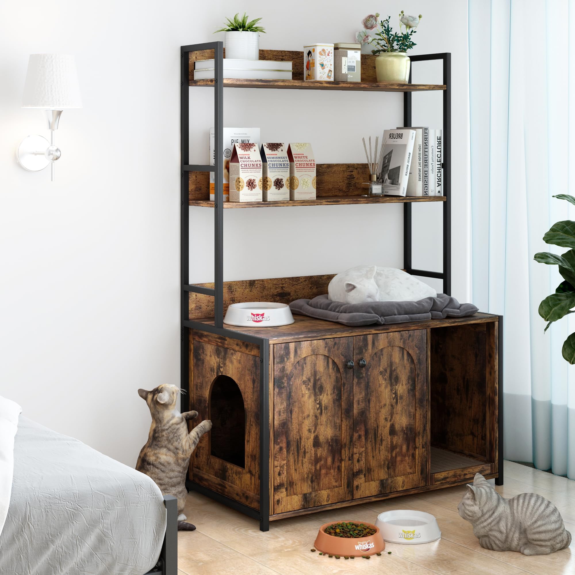 Katzenschrank mit Bücherregal, Kratzbaum mit Katzenklo-Schrank, Katzenklo Schrank mit 3 Ebenen & Eingang, 89 x 45 x 132 cm Versteckt Katzenkloschrank mit Tür, 3-in-1 Modernes Katzenhaus Indoor - Braun