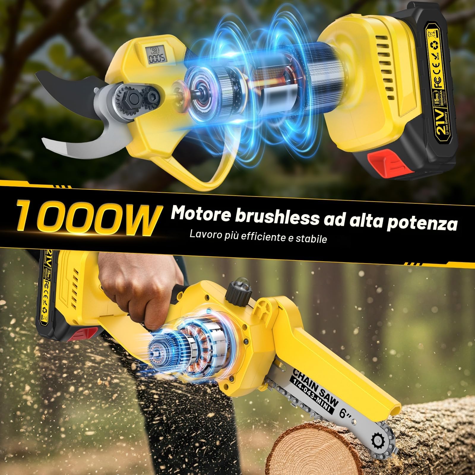 Motosega a Batteria Telescopica, 1000W 35 mm Forbici Potatura a Batteria con Asta 2.2M + 6" Mini Motosega Elettrica, 2 * 2000mAh 4-in-1 Kit Forbice Potatura a Batteria per Frutteto, Giardino Chainsaw