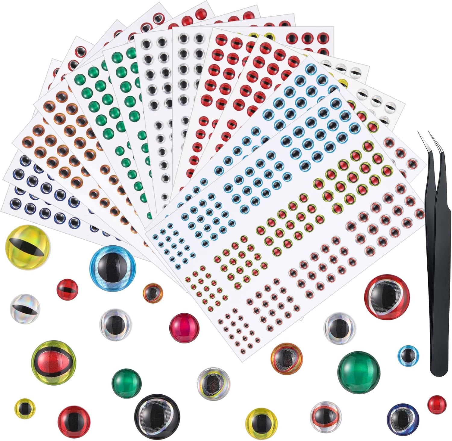 Skylety Fishing Lure Eyes 3D Artificial Eyes Stickers Assortment with 1 Piece Tweezer for Fishing Baits DIY Accessory, 3/4/ 5/6 mm