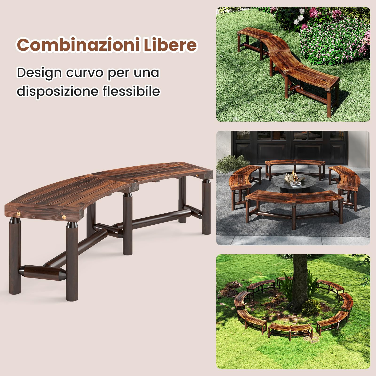 COSTWAY Panchina Curva da Patio, Panchina di Legno Massello per 2-3 Persone, Panca da Fuoco Senza Schienale per Esterni, Giardino e Bordo Piscina, Portata 360 kg (Marrone)