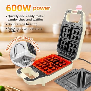 Waffle Maker Electric Sandwich Maker 2 in 1 with Non Stick Removable Plates