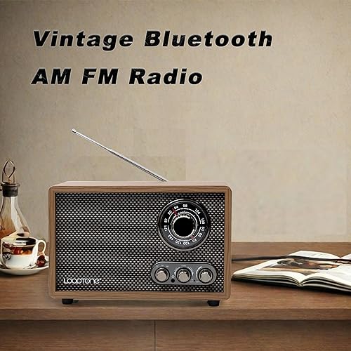 Miniatura 6 de LoopTone Radio AM FM para el hogar, radio de madera retro Bluetooth con entrada AUX, conector para auriculares, radio de mesa vintage con control de