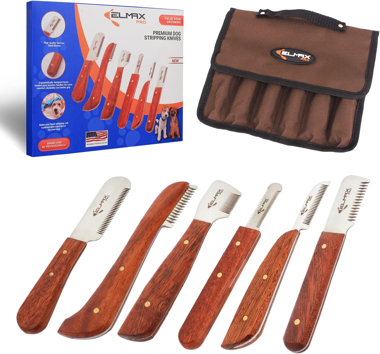 Professional Stripping Knife for Dogs (Pack of 6), Best for Removing Unwanted Undercoat, Blades are Made of Stainless Steel with Wooden Handle Grip (Right-Handed, Rosewood)