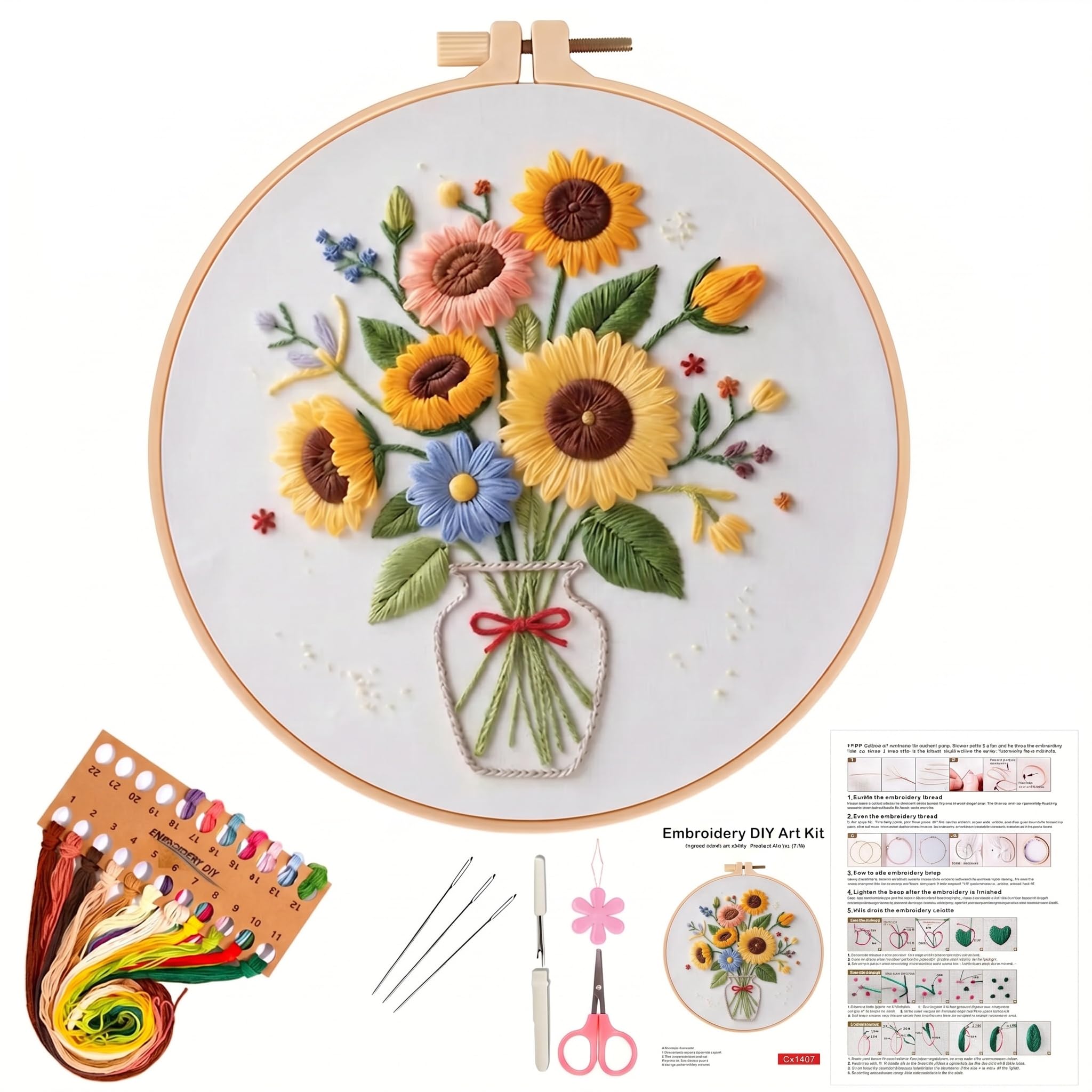 Zirax Embroidery Kit for Beginner Adults with Flower Pattern, DIY Cross Stitch Kits with Stamped Fabric, Hoop, Threads, Needles & Instructions, DIY Hand Sewing Craft Set for Home Decor (1407)