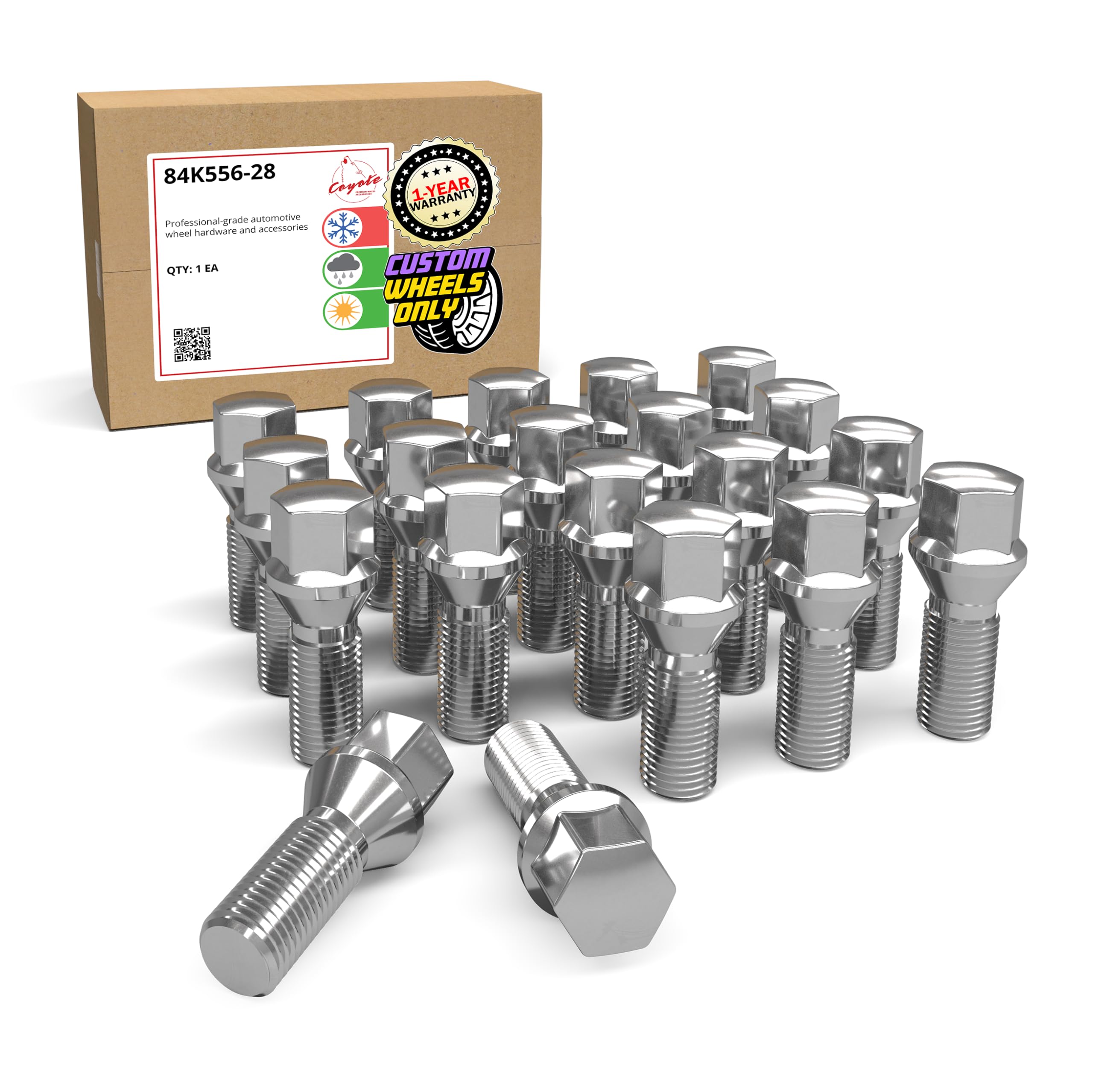Wheel Accessories Parts 20 Pcs M14 x 1.50 Thread Acorn Seat Lug Bolt Chrome Finish 28mm Shank Length 17mm Hex fits Land Rover Range Rover ｜ Volvo S60 S90 XC40 XC60 XC70 XC90 ｜ Older BMW