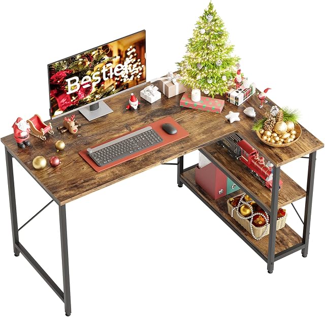 Bestier L Shaped Desk Small Corner Desk with Shelves 120CM Reversible Computer Desk Writing Table with Bookshelf for Home Office Small Space